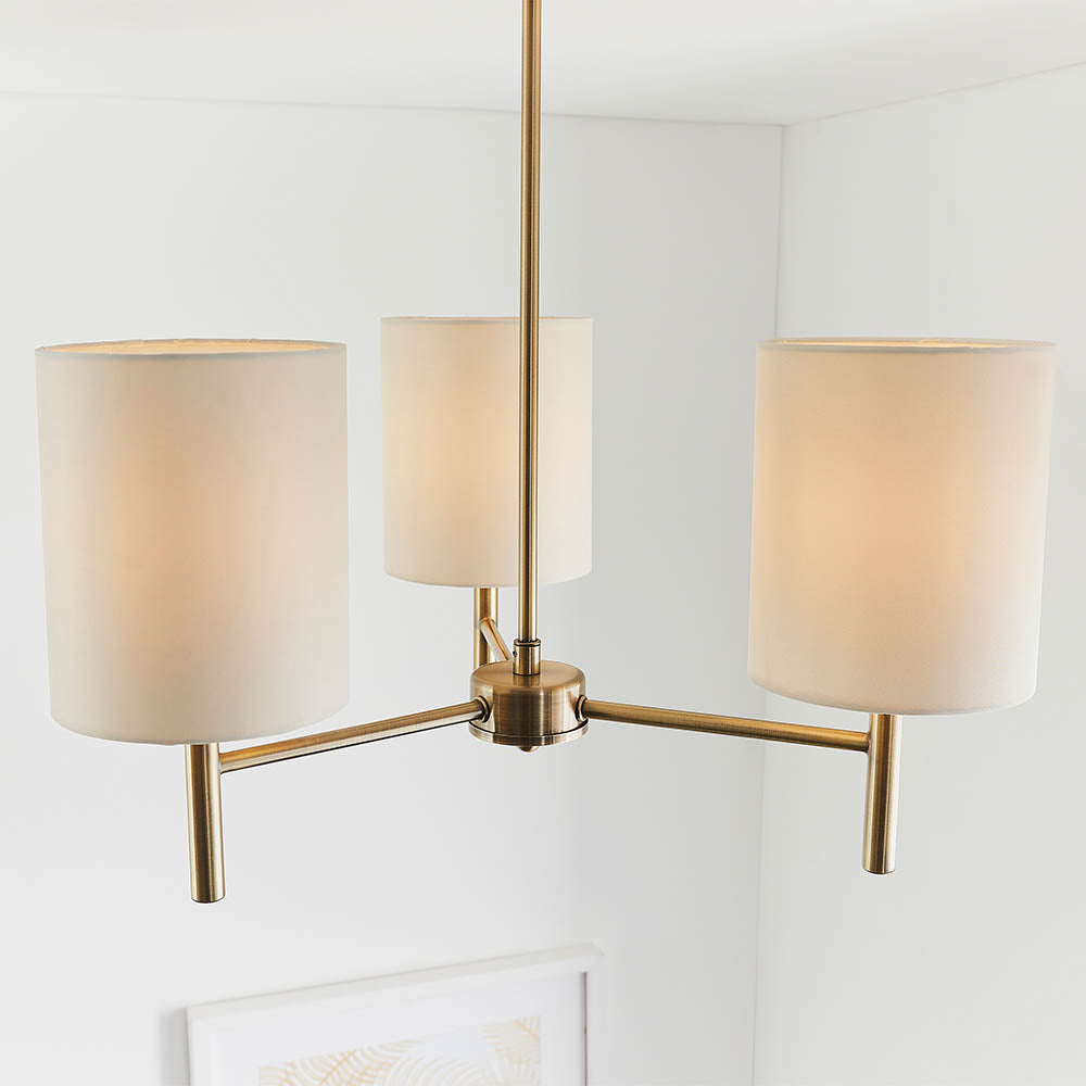 Endon Brio 3 Light Semi Flush Fitting - Antique Brass Plate & Cream Fabric