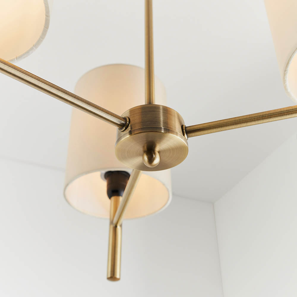Endon Brio 3 Light Semi Flush Fitting - Antique Brass Plate & Cream Fabric