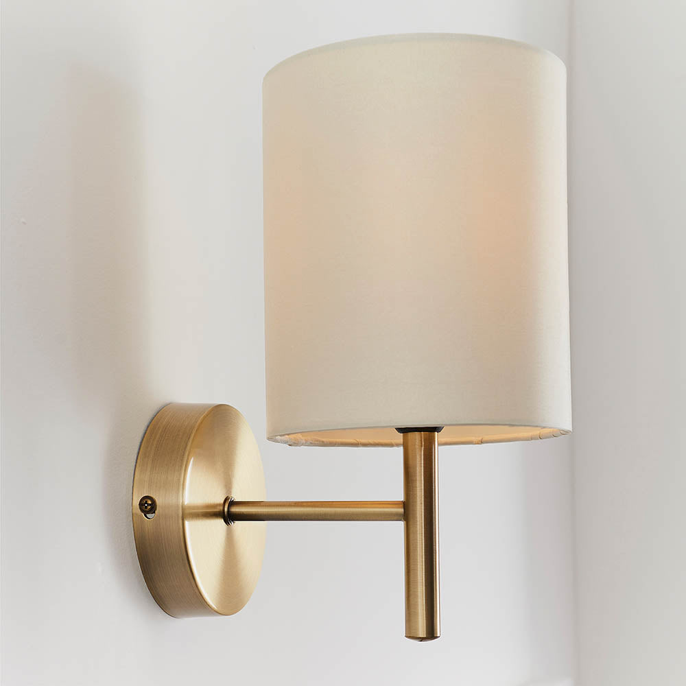 Endon Brio Single Light Wall Light - Antique Brass Plate & Cream Fabric