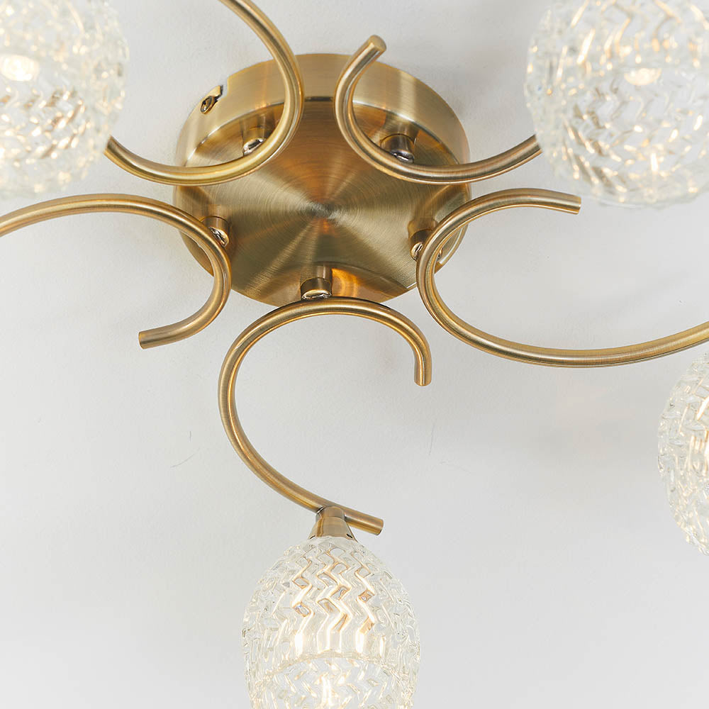 Endon Boyer 5 Light Semi Flush Fitting - Antique Brass Plate & Clear Glass