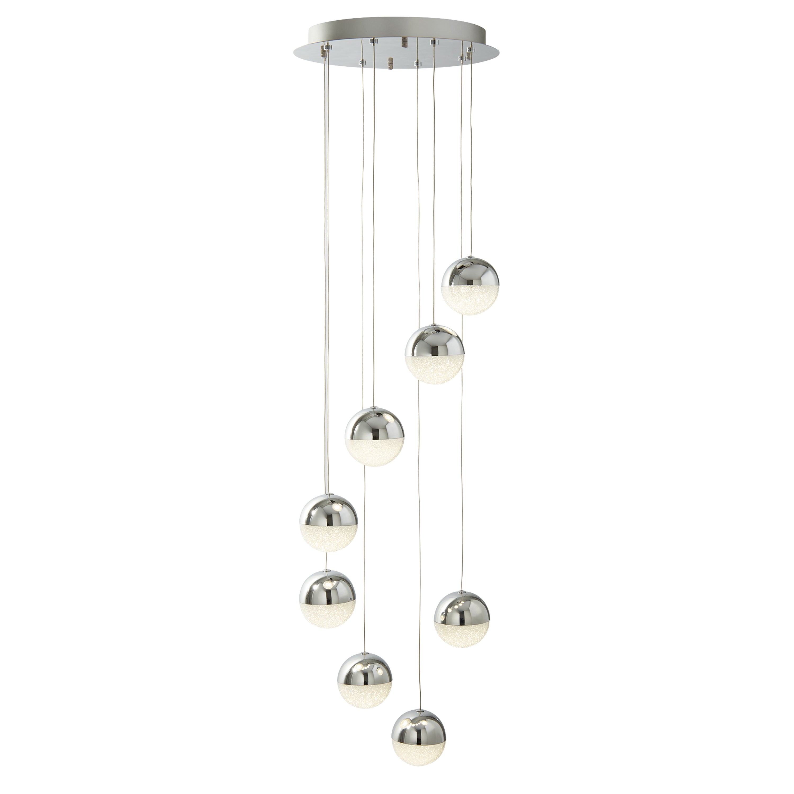 Searchlight Malta 8 Light LED Globe Multi - Drop, Crushed Ice Effect Shade, Chrome