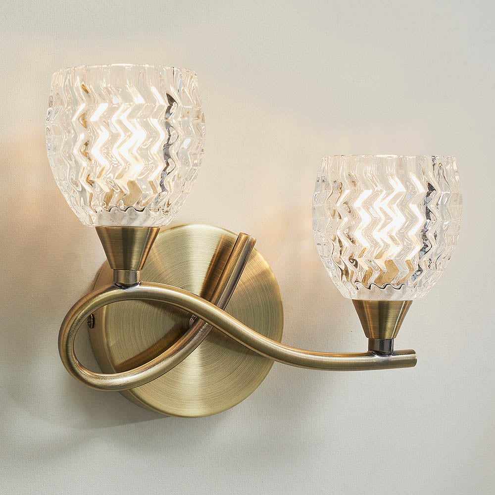 Endon Boyer 2 Light Left Wall Light - Antique Brass Plate & Clear Glass