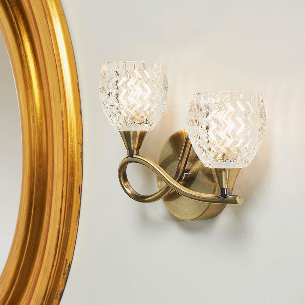 Endon Boyer 2 Light Left Wall Light - Antique Brass Plate & Clear Glass