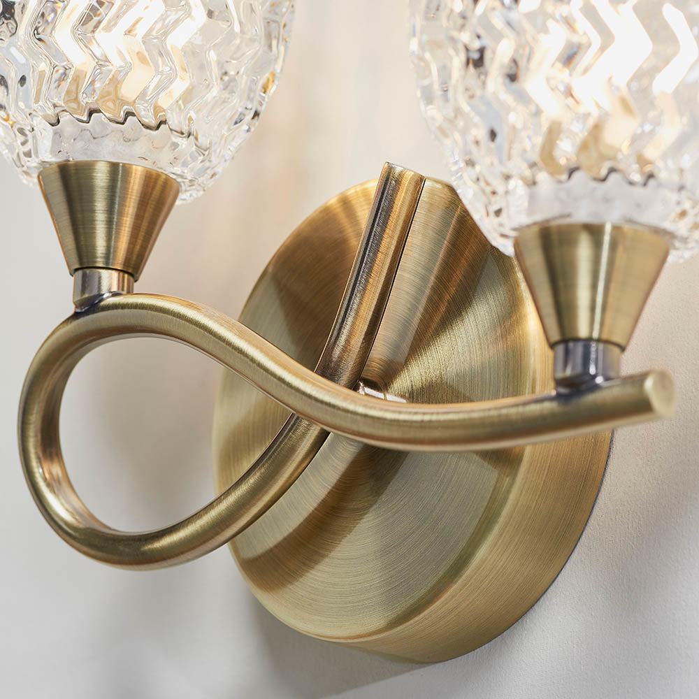 Endon Boyer 2 Light Left Wall Light - Antique Brass Plate & Clear Glass