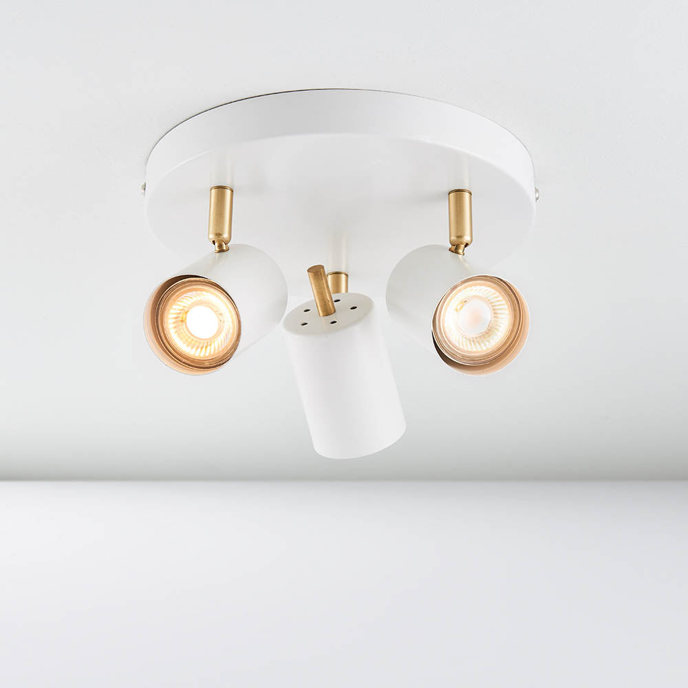 Endon Gull 3 Light Spot Light - Matt White Paint & Satin Brass Plate