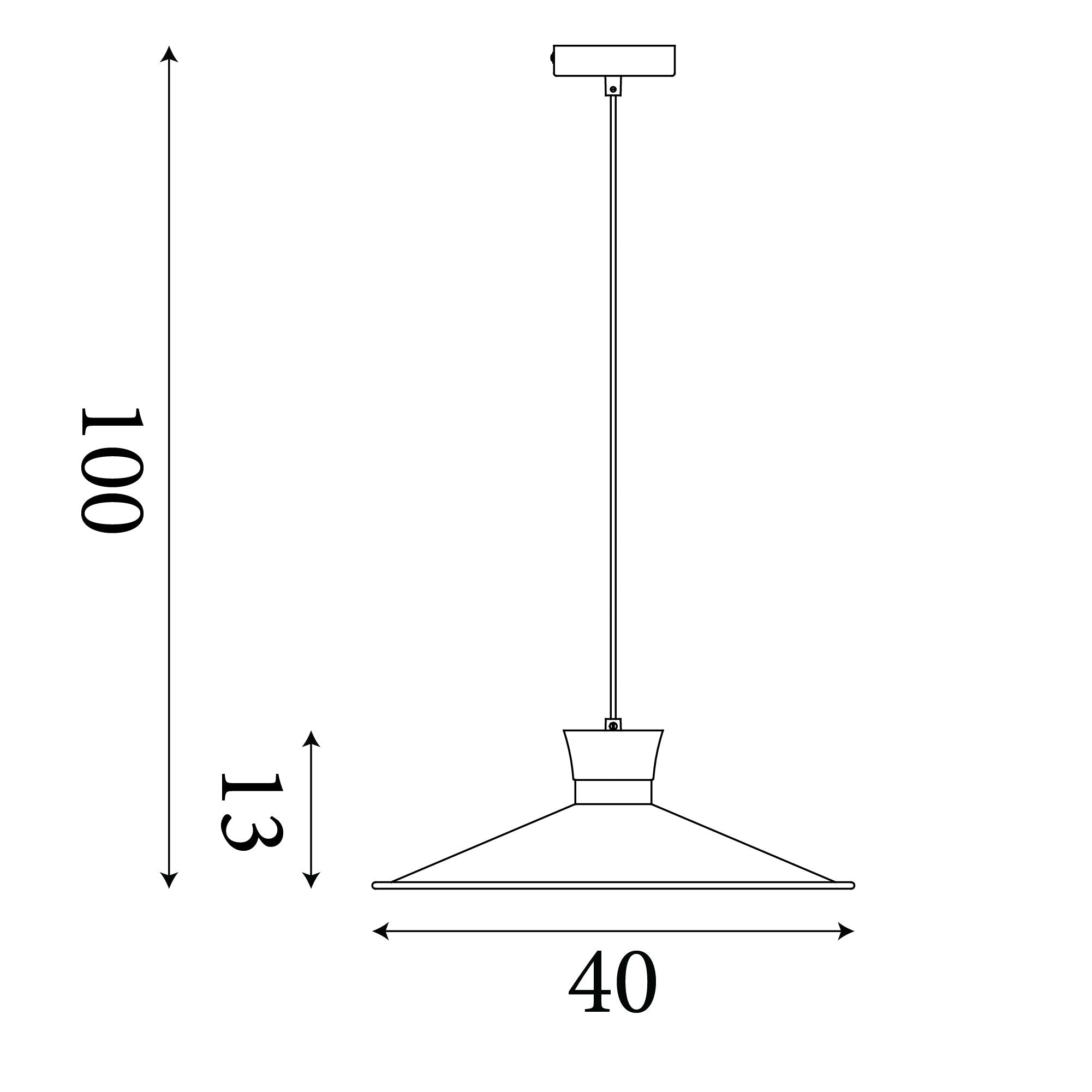 Technical line drawing of the Searchlight Balham pendant showing a 40cm shade width, 13cm shade height, and a 100cm drop