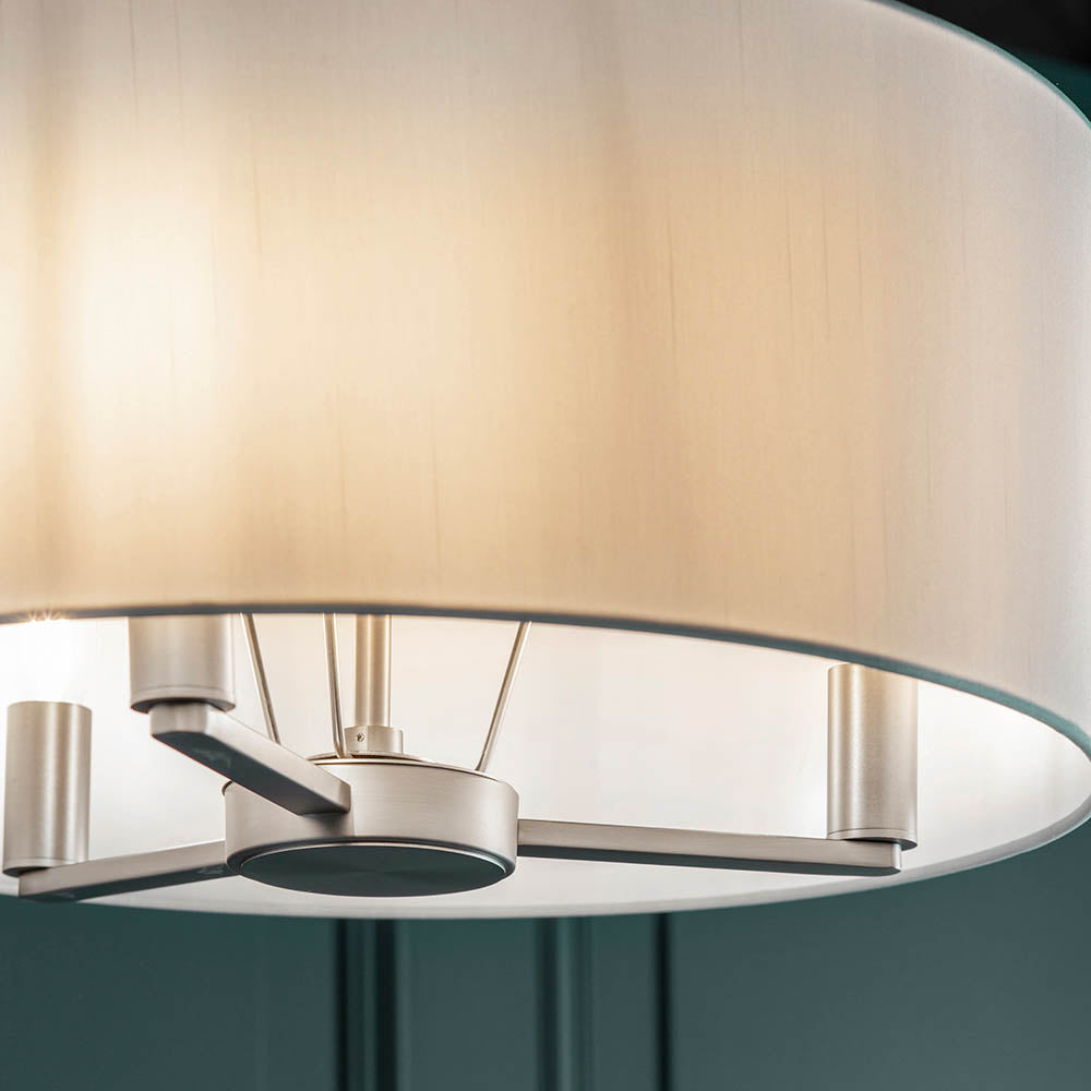 Endon Daley 3 Light Pendant - Matt Nickel & Vintage White Faux Silk