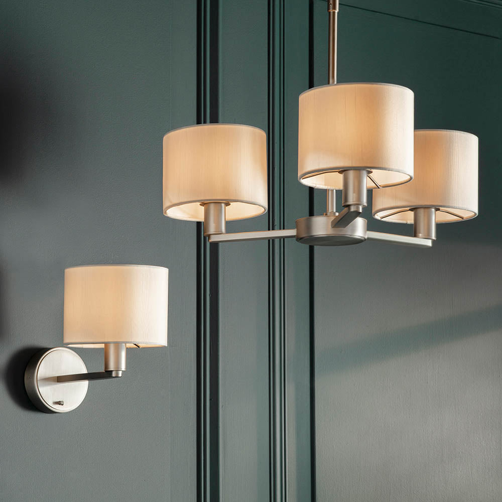 Endon Daley 3 Light Arm Pendant - Matt Nickel & Vintage White Faux Silk