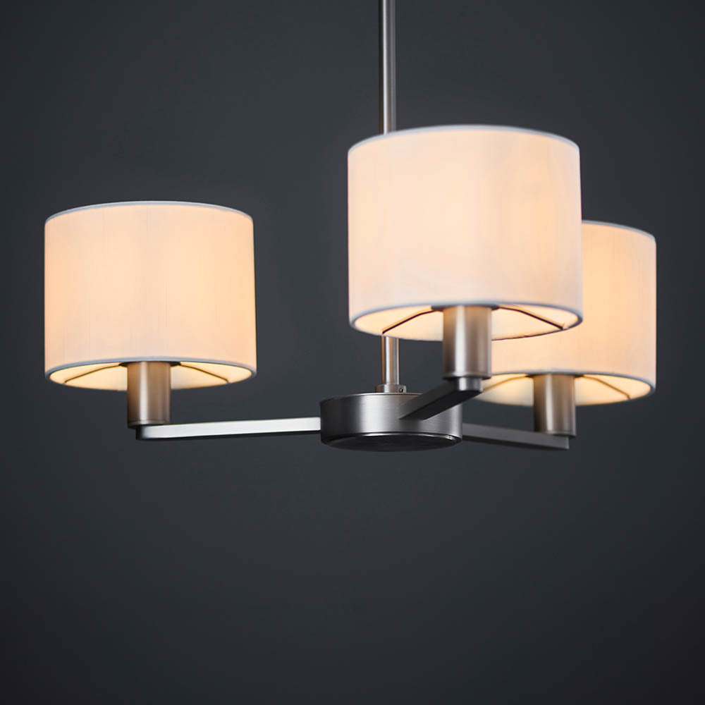 Endon Daley 3 Light Arm Pendant - Matt Nickel & Vintage White Faux Silk