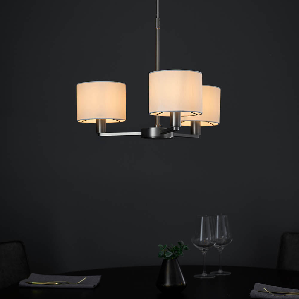 Endon Daley 3 Light Arm Pendant - Matt Nickel & Vintage White Faux Silk