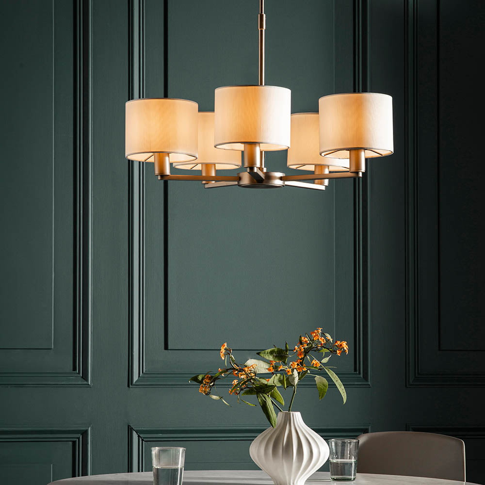 Endon Daley 5 Light Arm Pendant - Matt Nickel & Vintage White Faux Silk