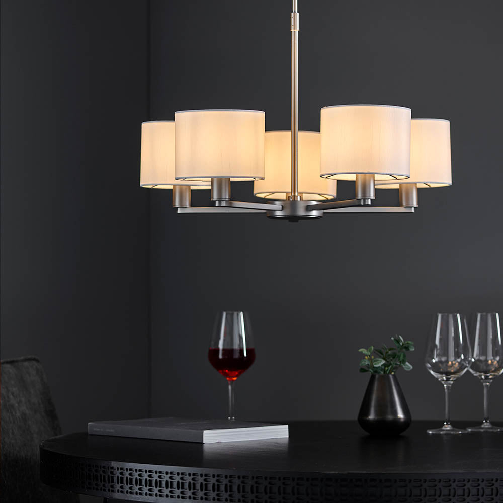 Endon Daley 5 Light Arm Pendant - Matt Nickel & Vintage White Faux Silk