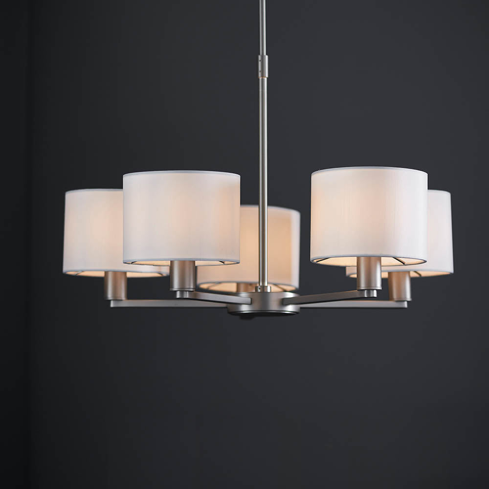 Endon Daley 5 Light Arm Pendant - Matt Nickel & Vintage White Faux Silk