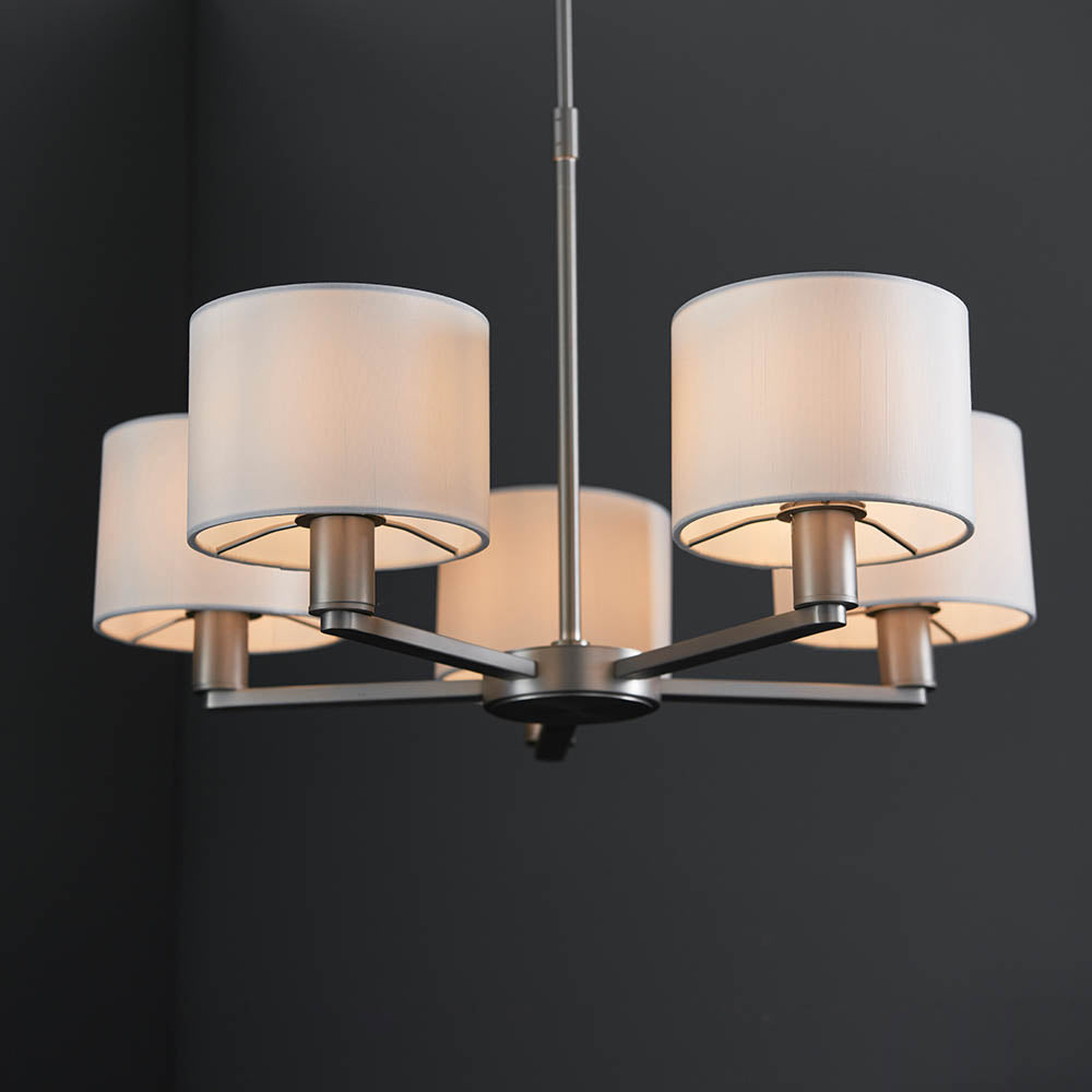 Endon Daley 5 Light Arm Pendant - Matt Nickel & Vintage White Faux Silk