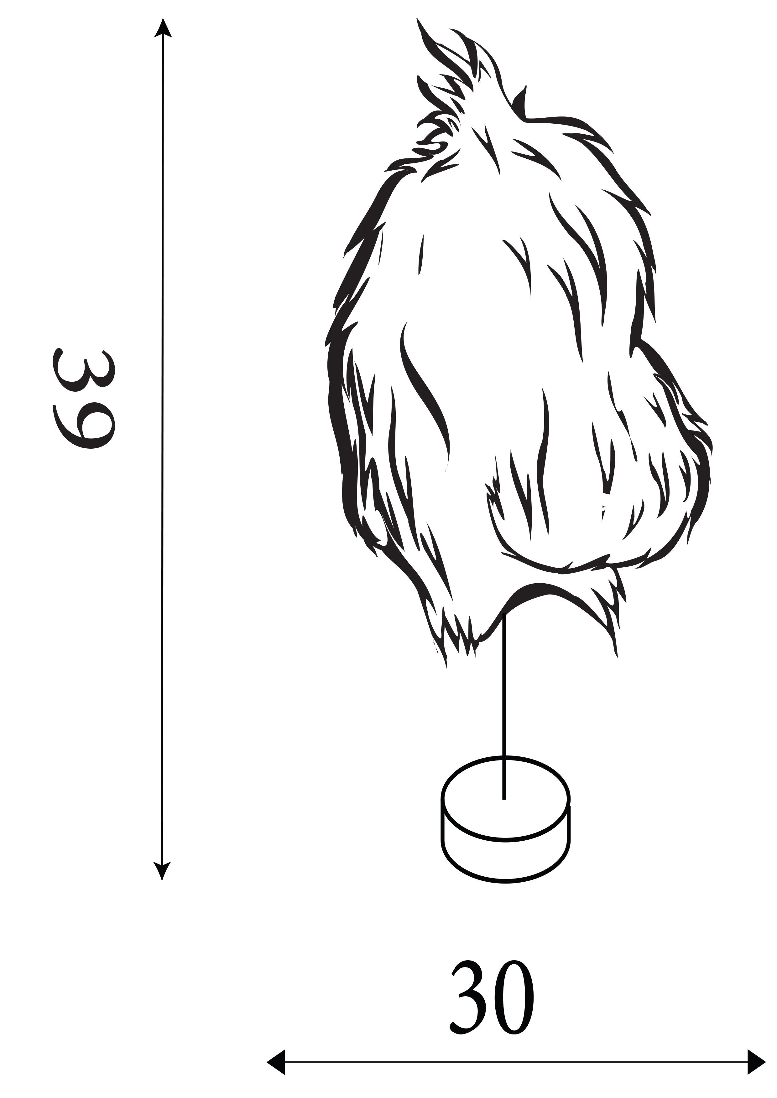 Technical line drawing of the Hattie table lamp showing 39cm height and 30cm shade width