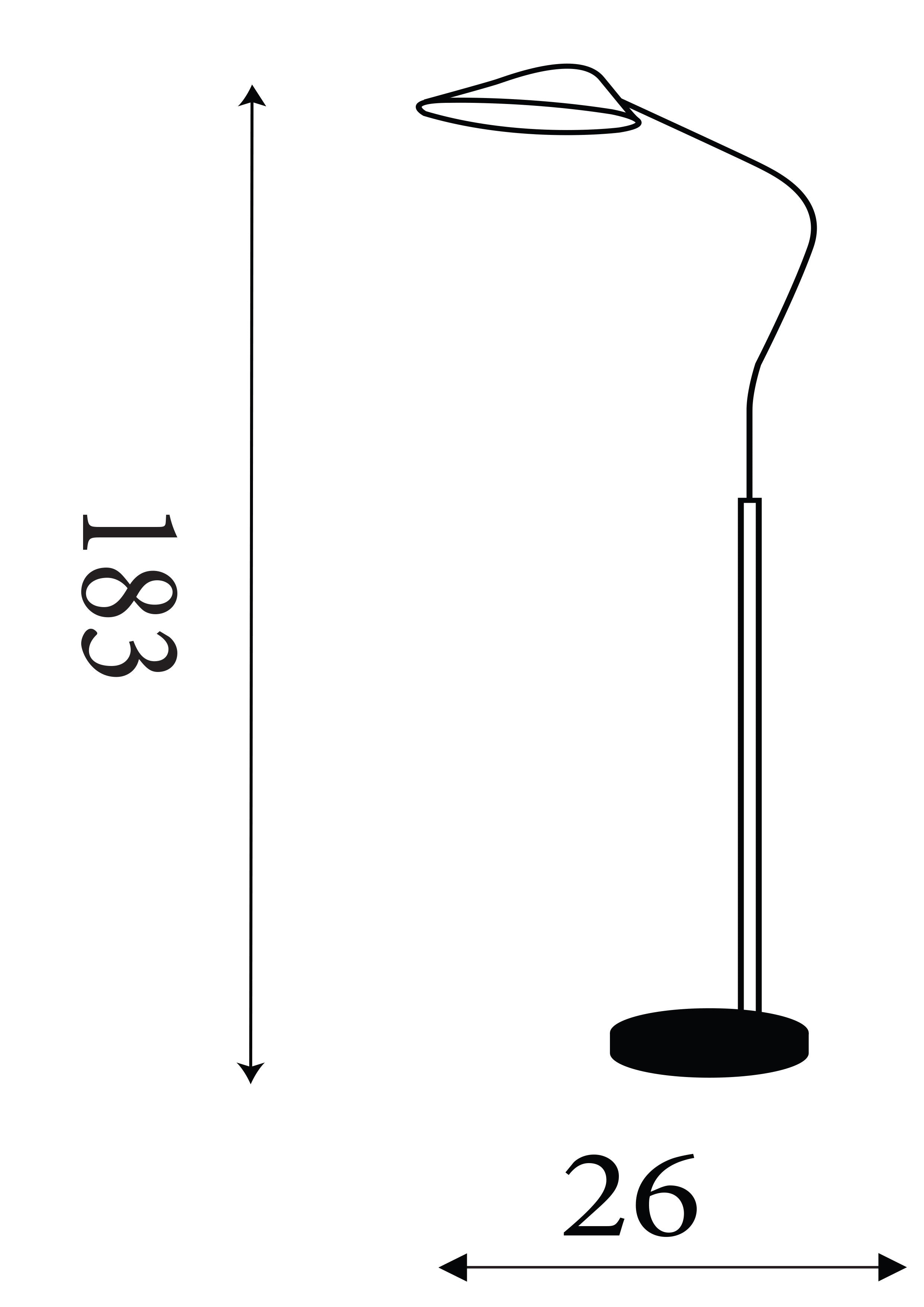 Technical line drawing of the Swan Floor Lamp showing a height of 183cm and a width of 26cm