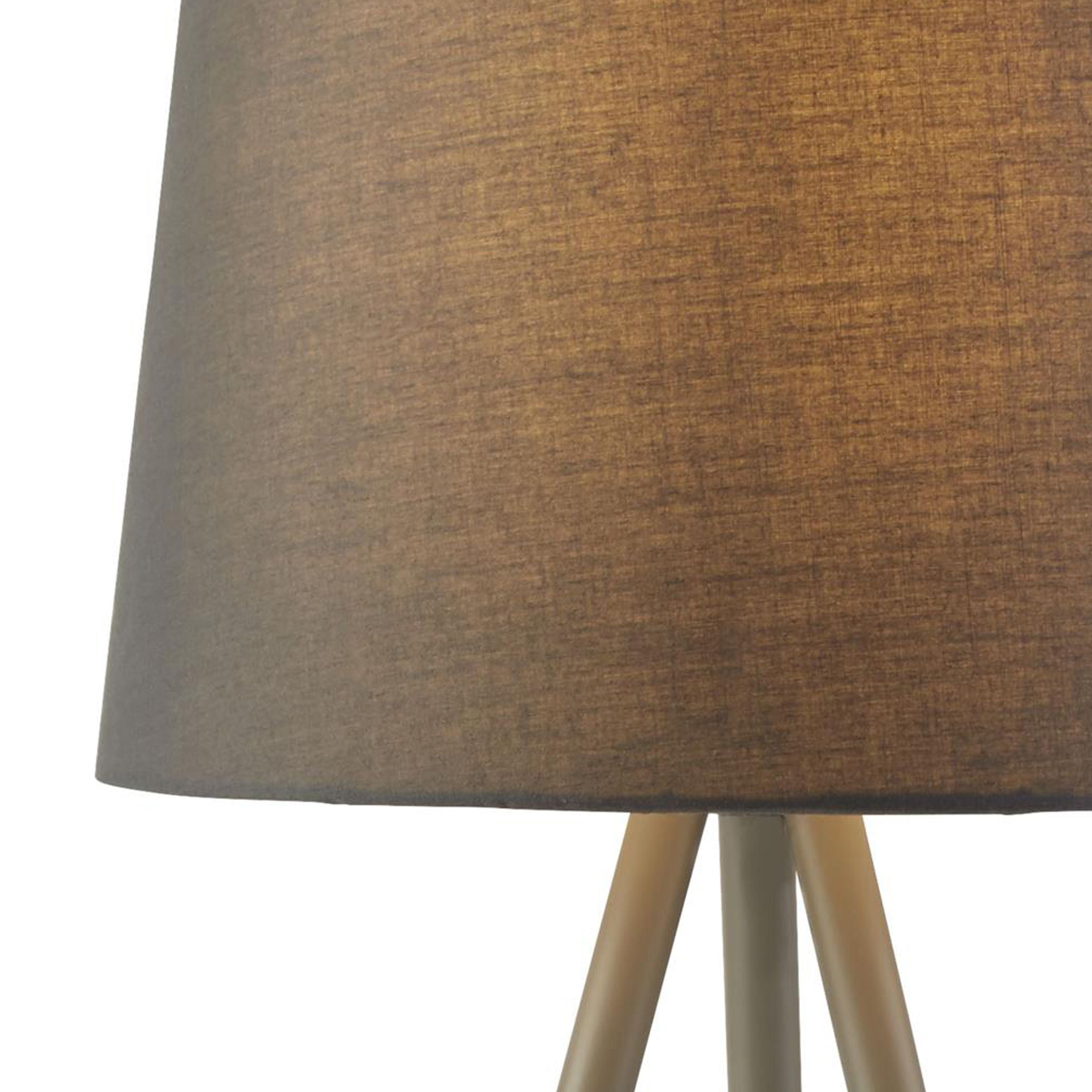 Close up of the grey fabric shade texture and tripod leg joint on the Rio table lamp