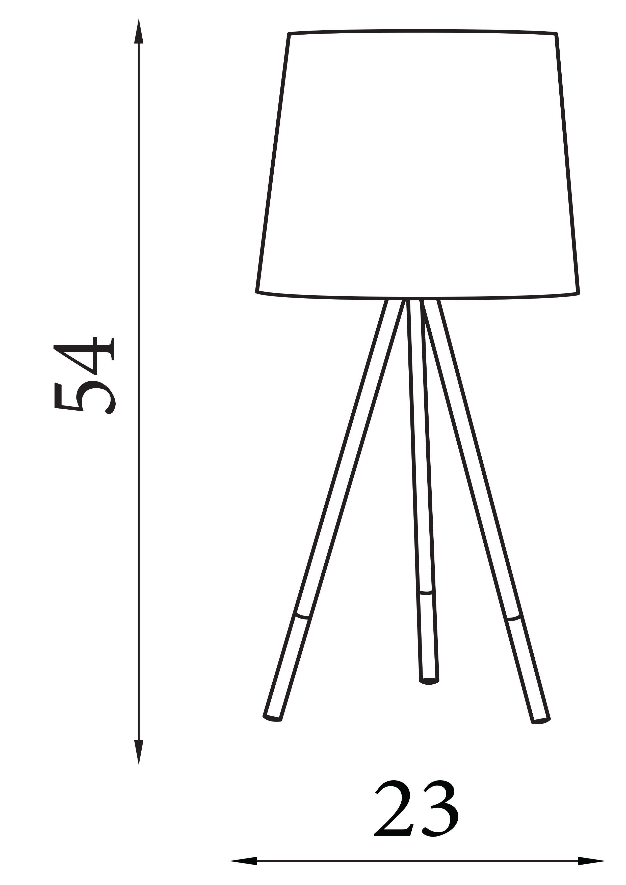 Technical line drawing of the Rio table lamp labelled 54cm high and 23cm wide