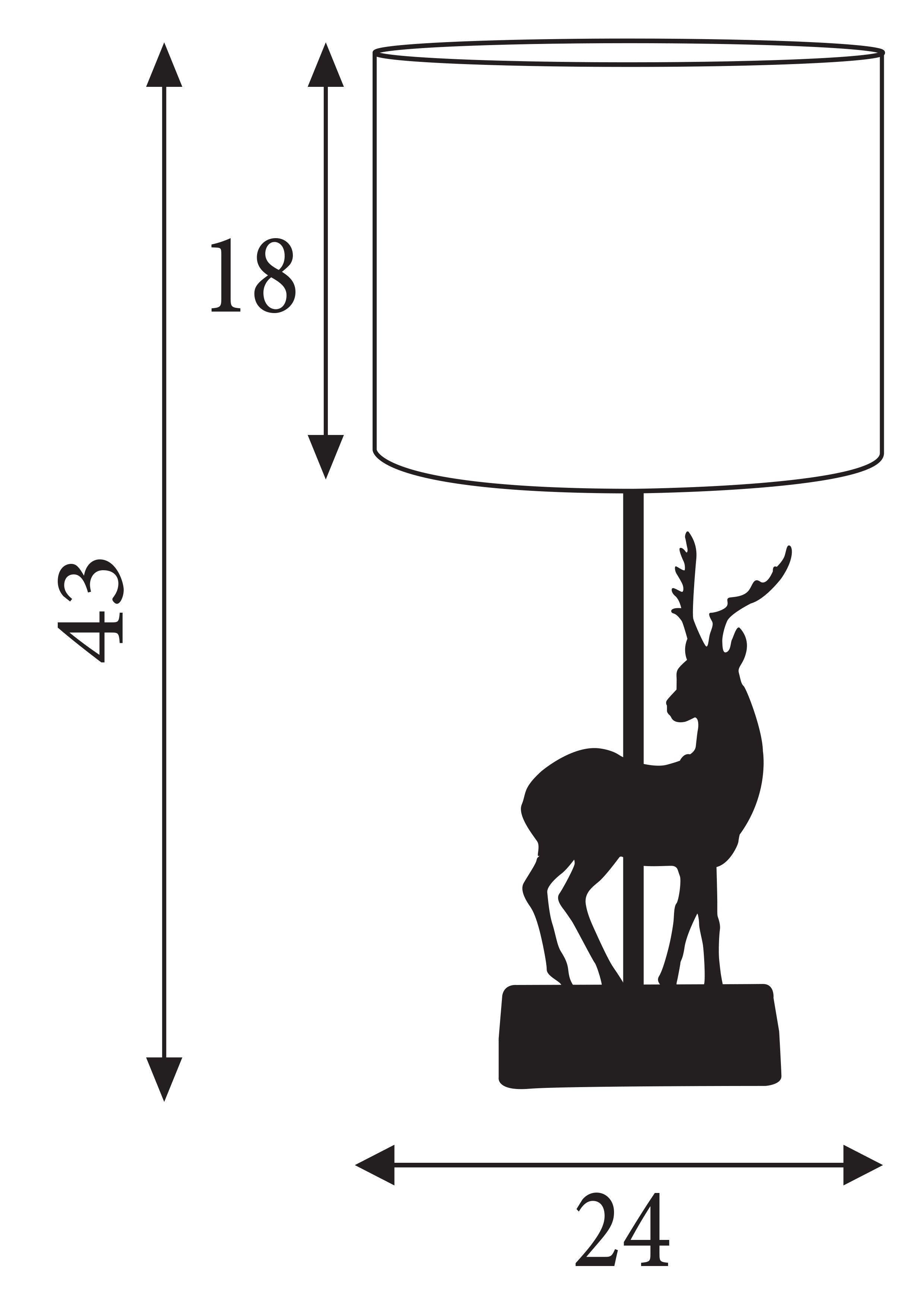 Technical drawing of the Deer table lamp showing an overall height of 43cm, a shade height of 18cm and a width of 24cm