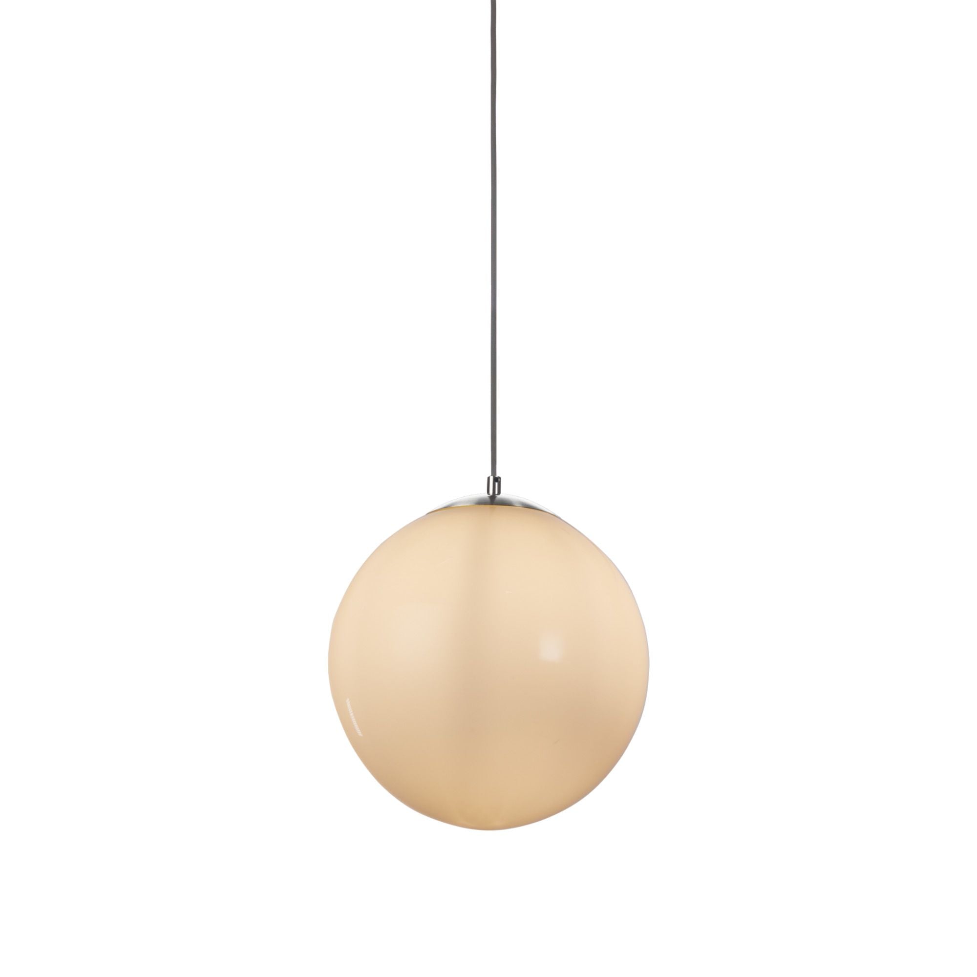 Searchlight Atom Pendant in satin silver with a 24.5cm opal glass globe shade, glowing warm white, studio shot on a white background