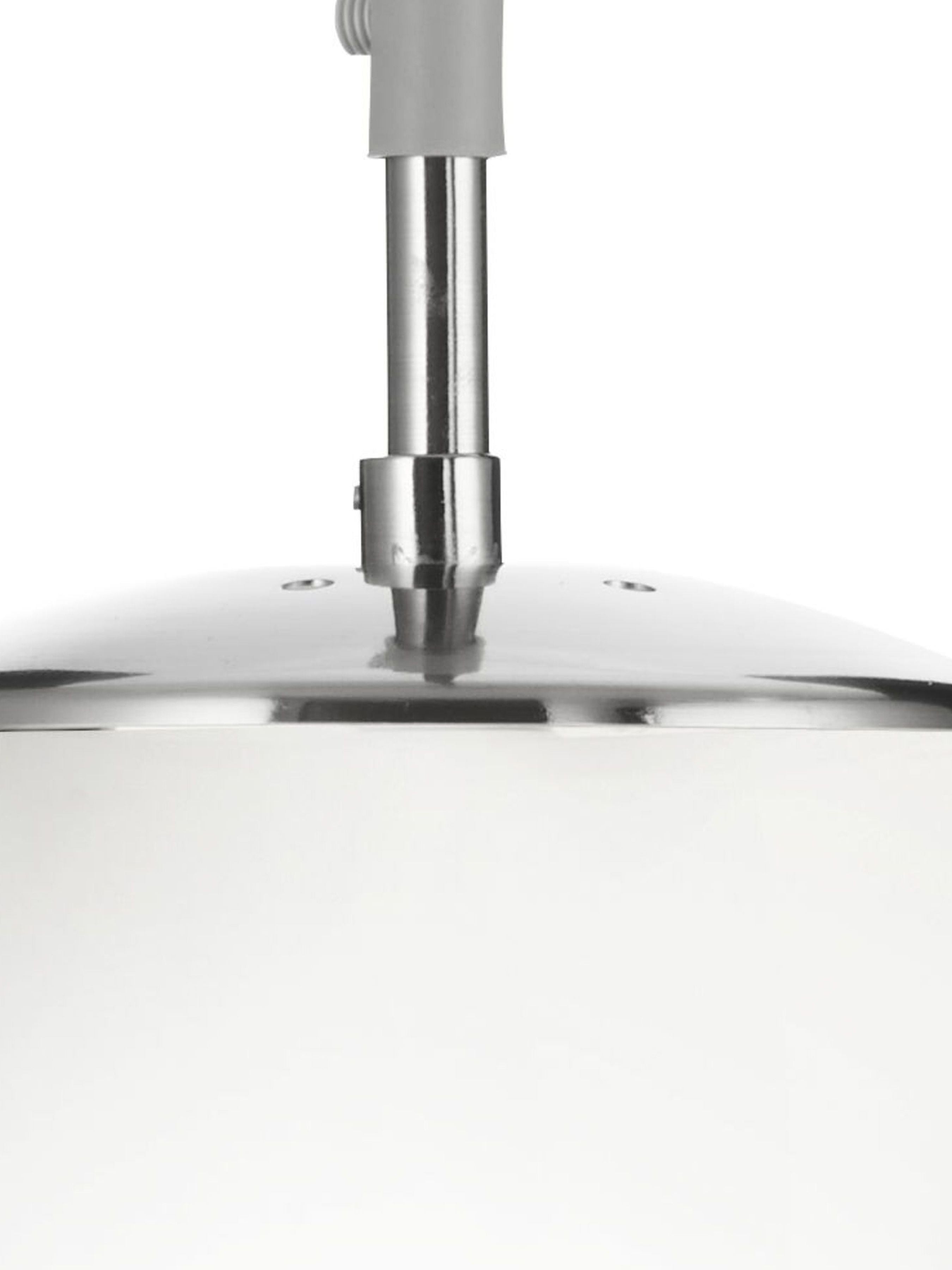 Close up of the satin silver ceiling fitting on the Atom Pendant, showing the cable entry and fixing screws
