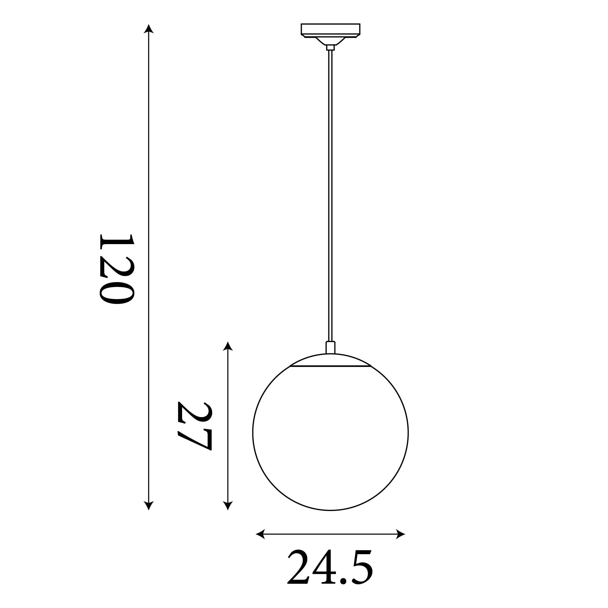 Technical line drawing of the Atom Pendant showing a 24.5cm globe diameter, 27cm globe height and 120cm maximum drop