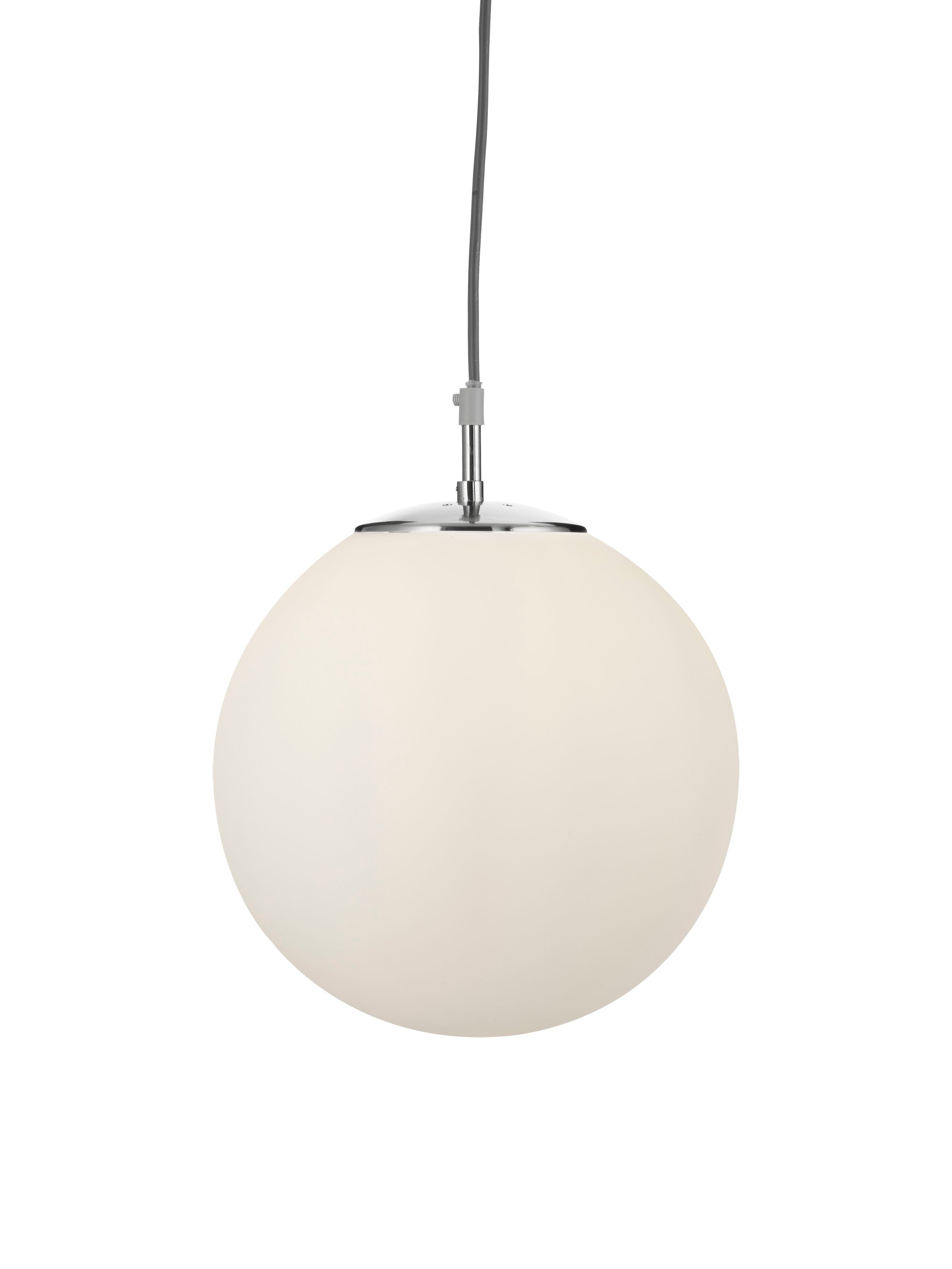 Searchlight Atom Pendant in satin silver with a 30cm opal glass globe shade, glowing warm white, studio shot on a white background
