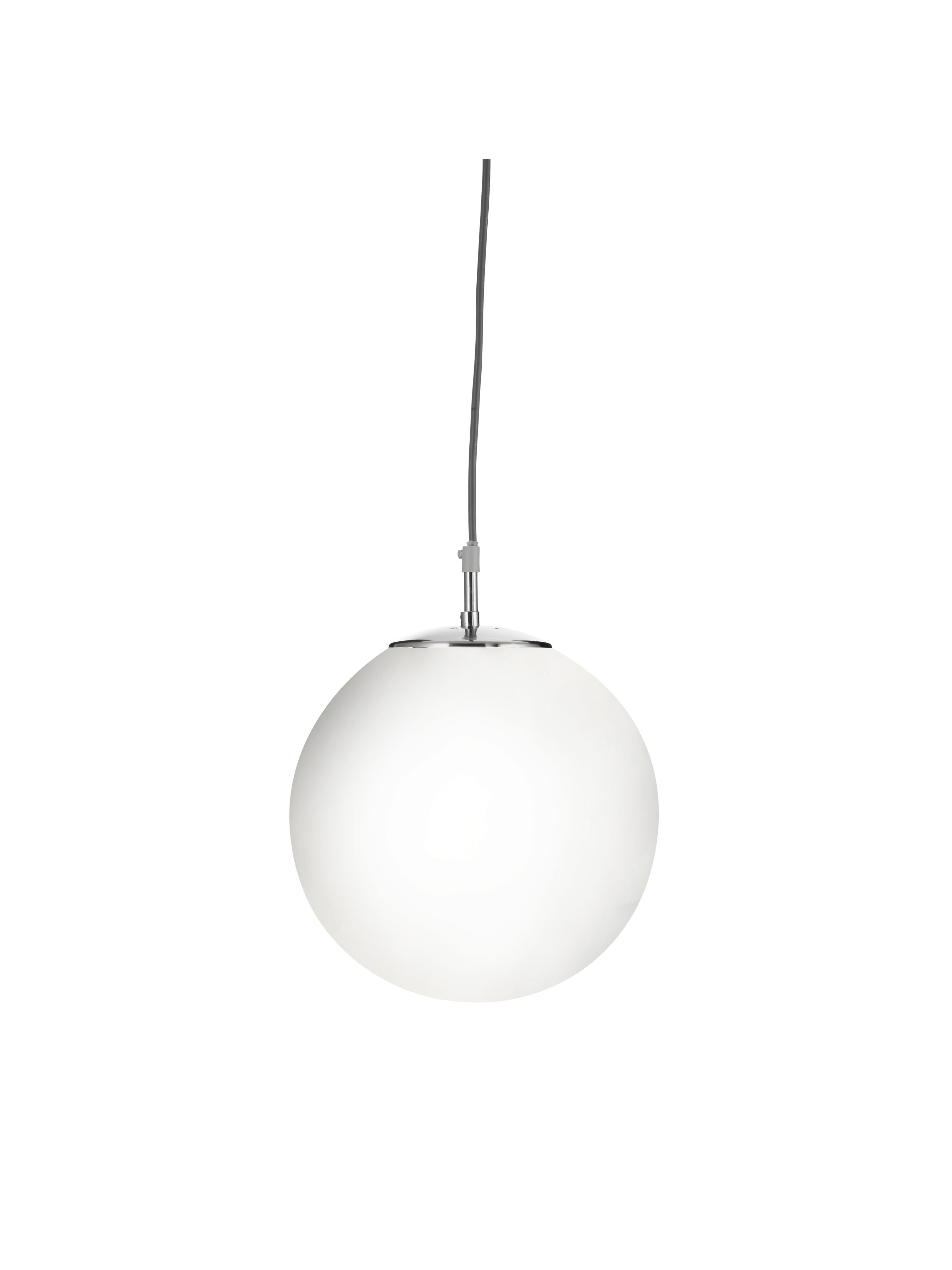 Searchlight Atom Pendant in satin silver with a 30cm opal glass globe shade, view 2, studio shot on a white background