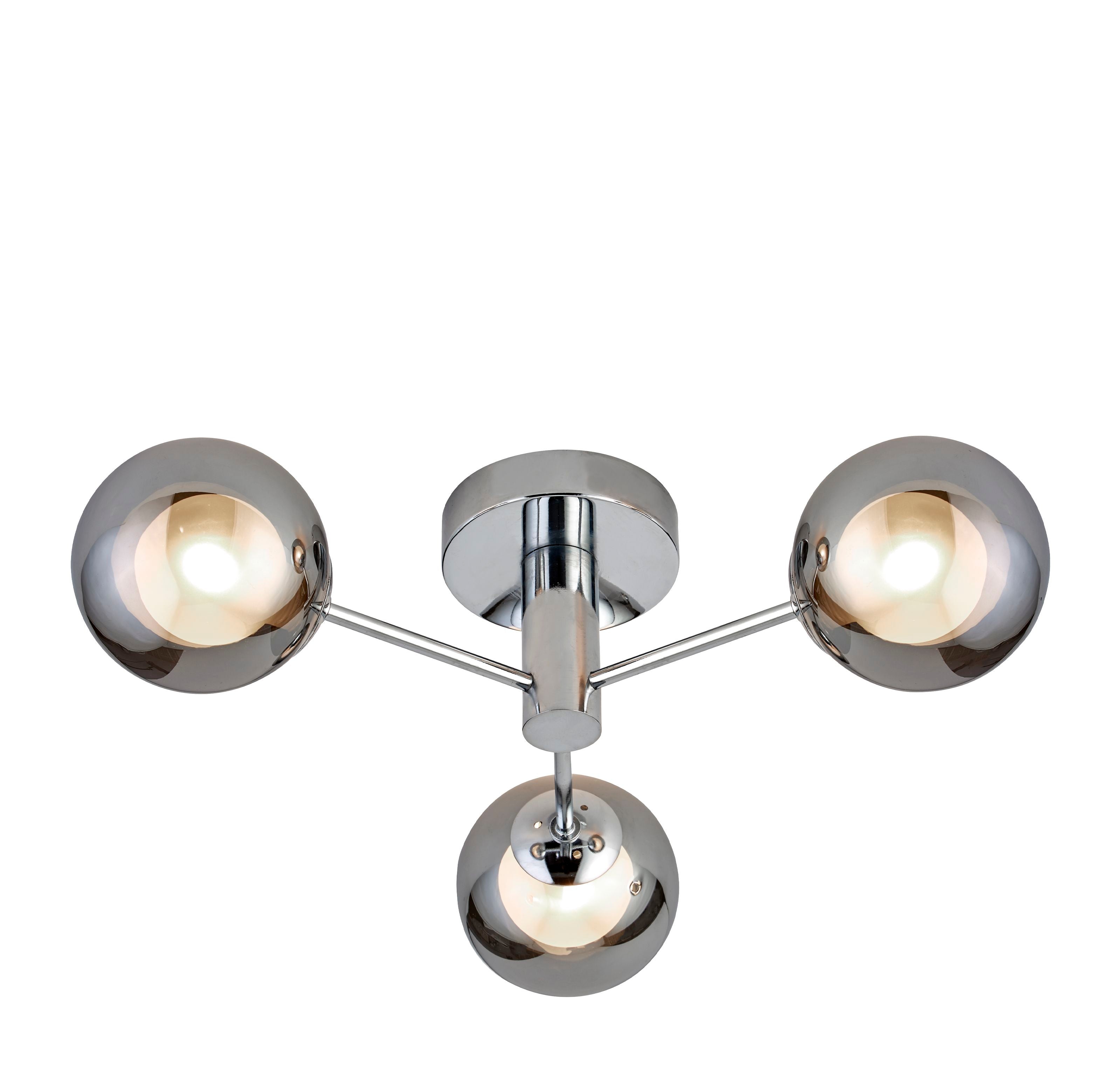 Searchlight Oscar 3 Light Flush in chrome and smoked glass, front view on a white background with the globes lit
