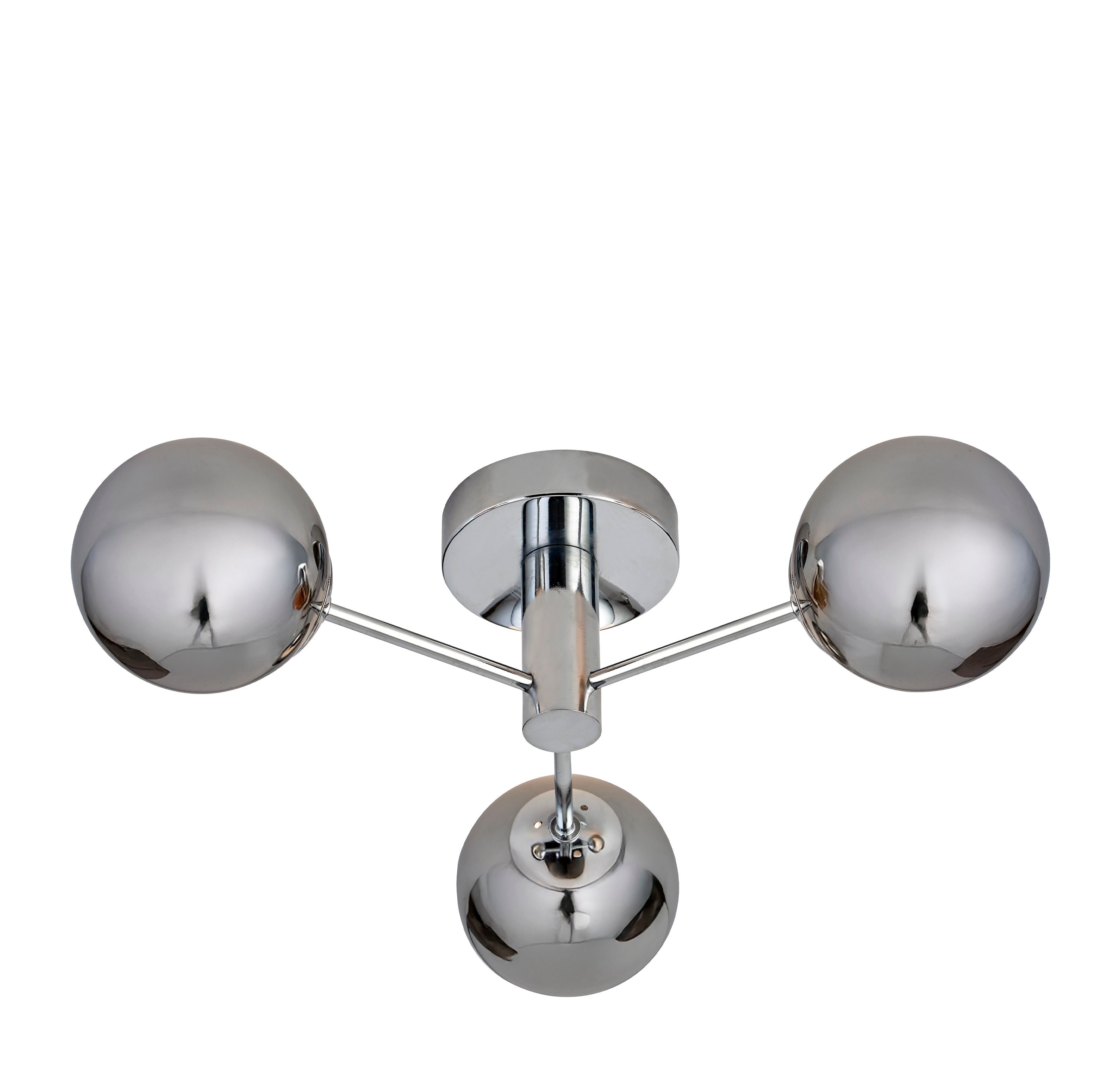 Searchlight Oscar 3 Light Flush in chrome and smoked glass, angled view showing the two side globes and central ceiling plate