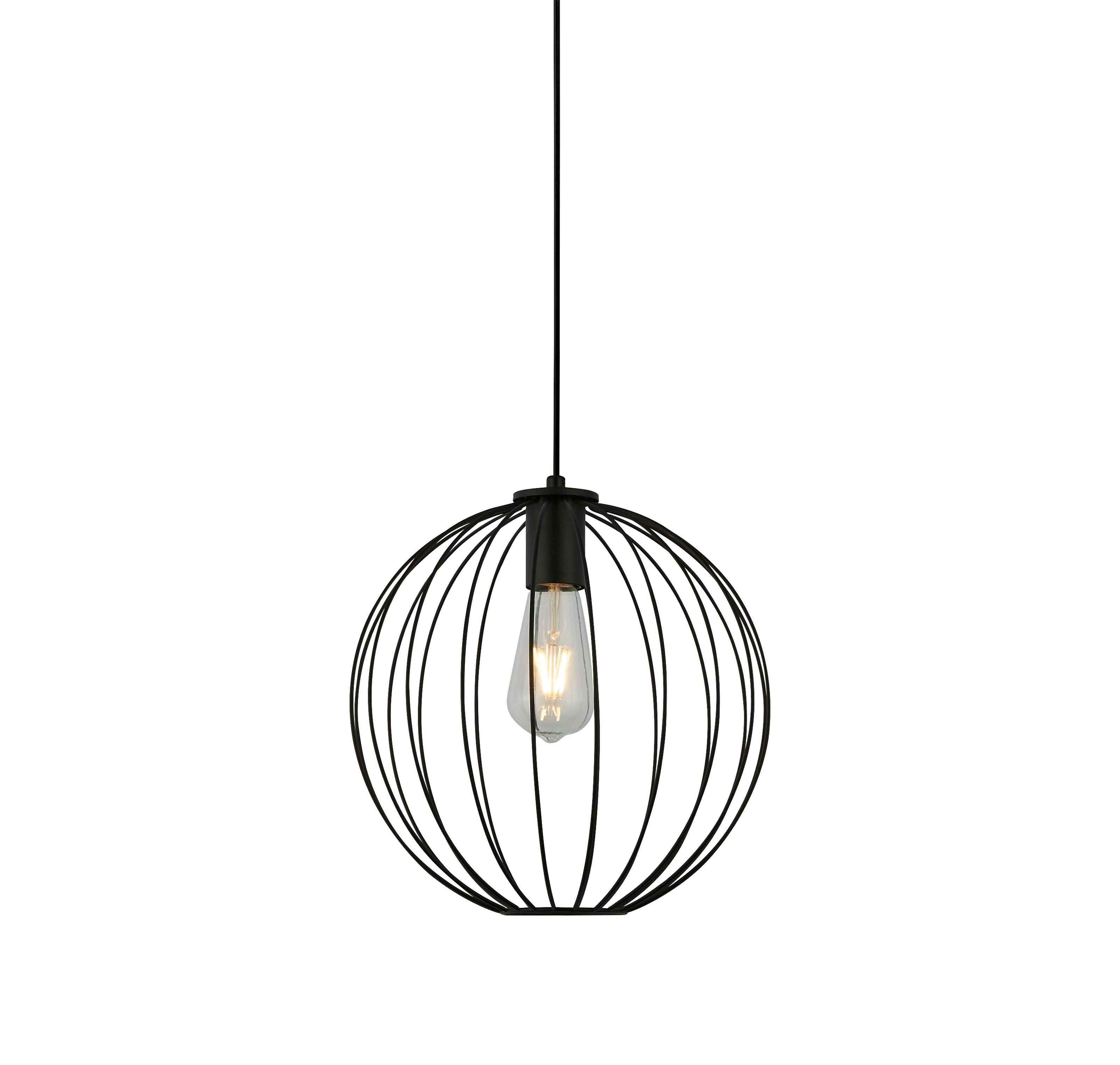 Searchlight Rondo pendant light, a spherical wire cage shade in matt black suspended on a black cord, with a warm glowing filament style bulb visible inside, studio shot on white background