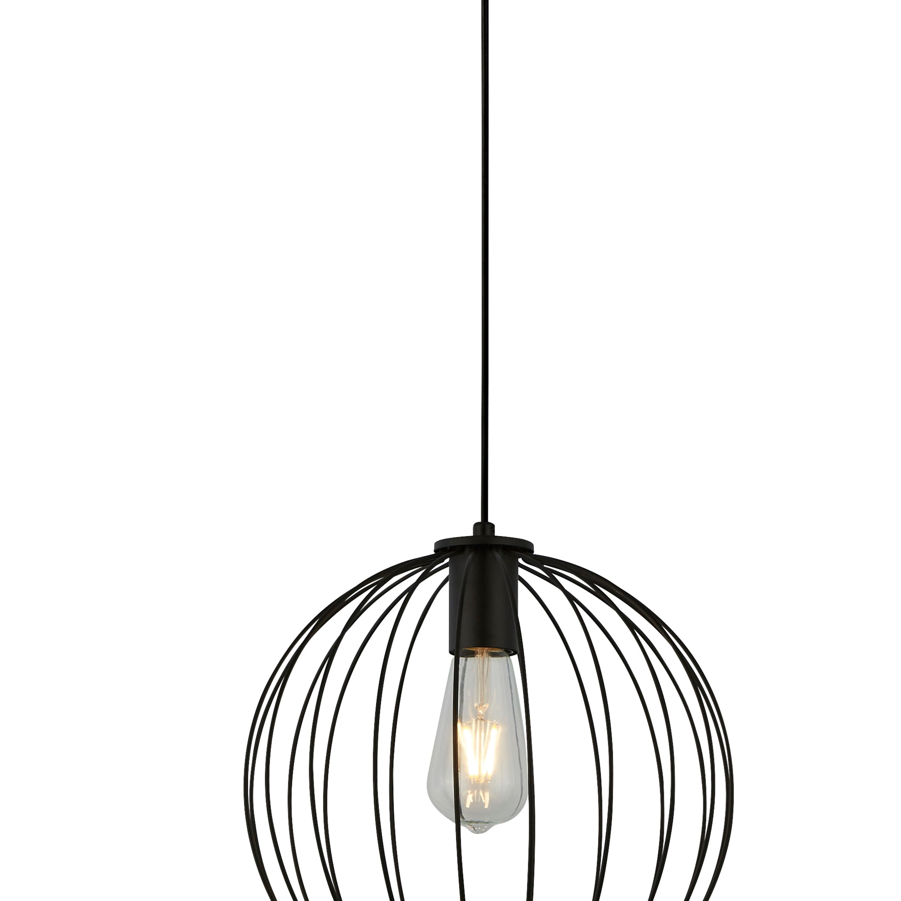 Close up of the Searchlight Rondo pendant's wire cage shade and lamp holder, showing the radiating black wire frame around the filament bulb