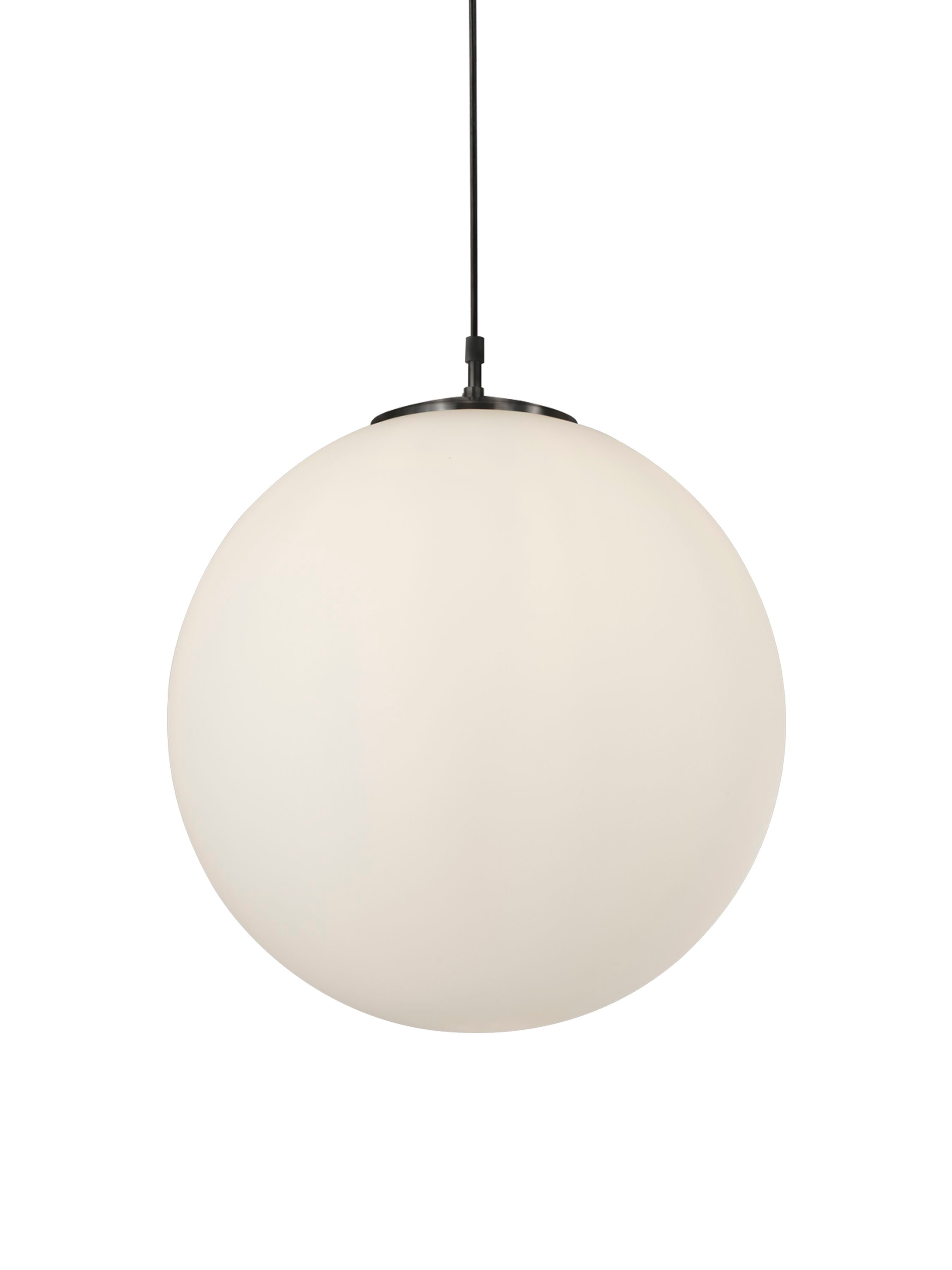 Searchlight Atom Pendant in matt black with a 30cm opal glass globe shade, studio shot on a white background