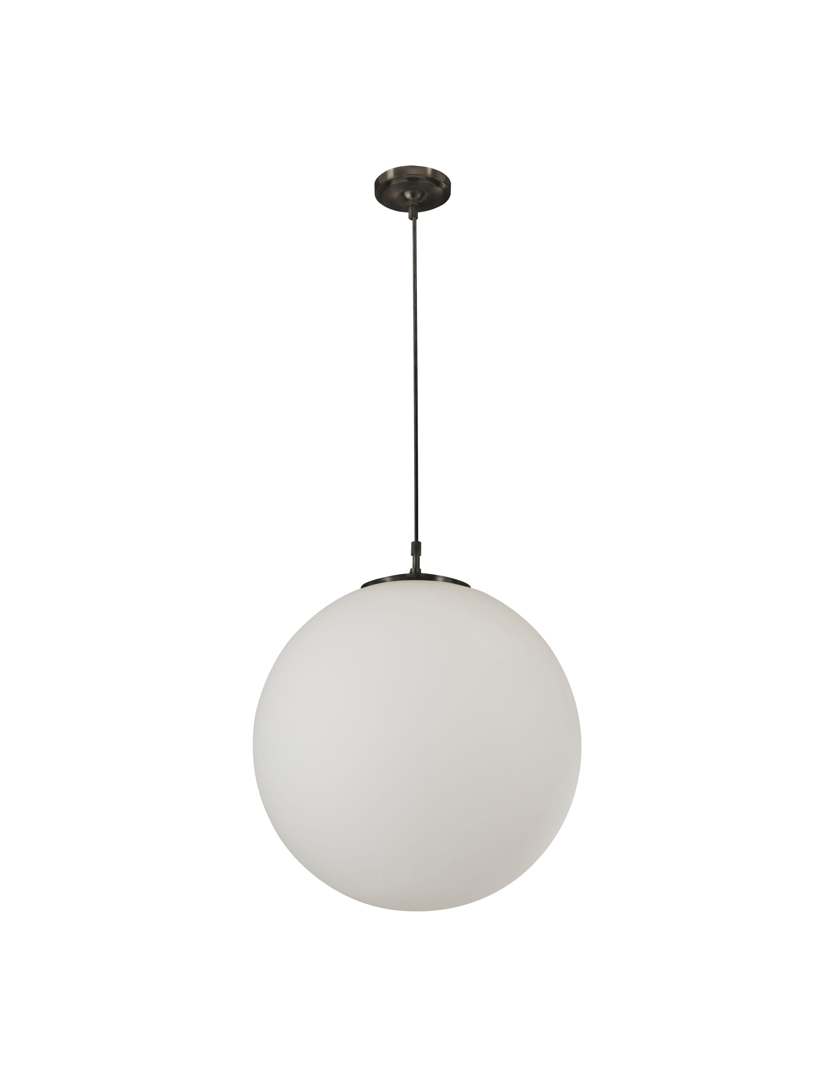 Searchlight Atom Pendant in matt black, close view of the ceiling plate, cable and top of the opal glass globe