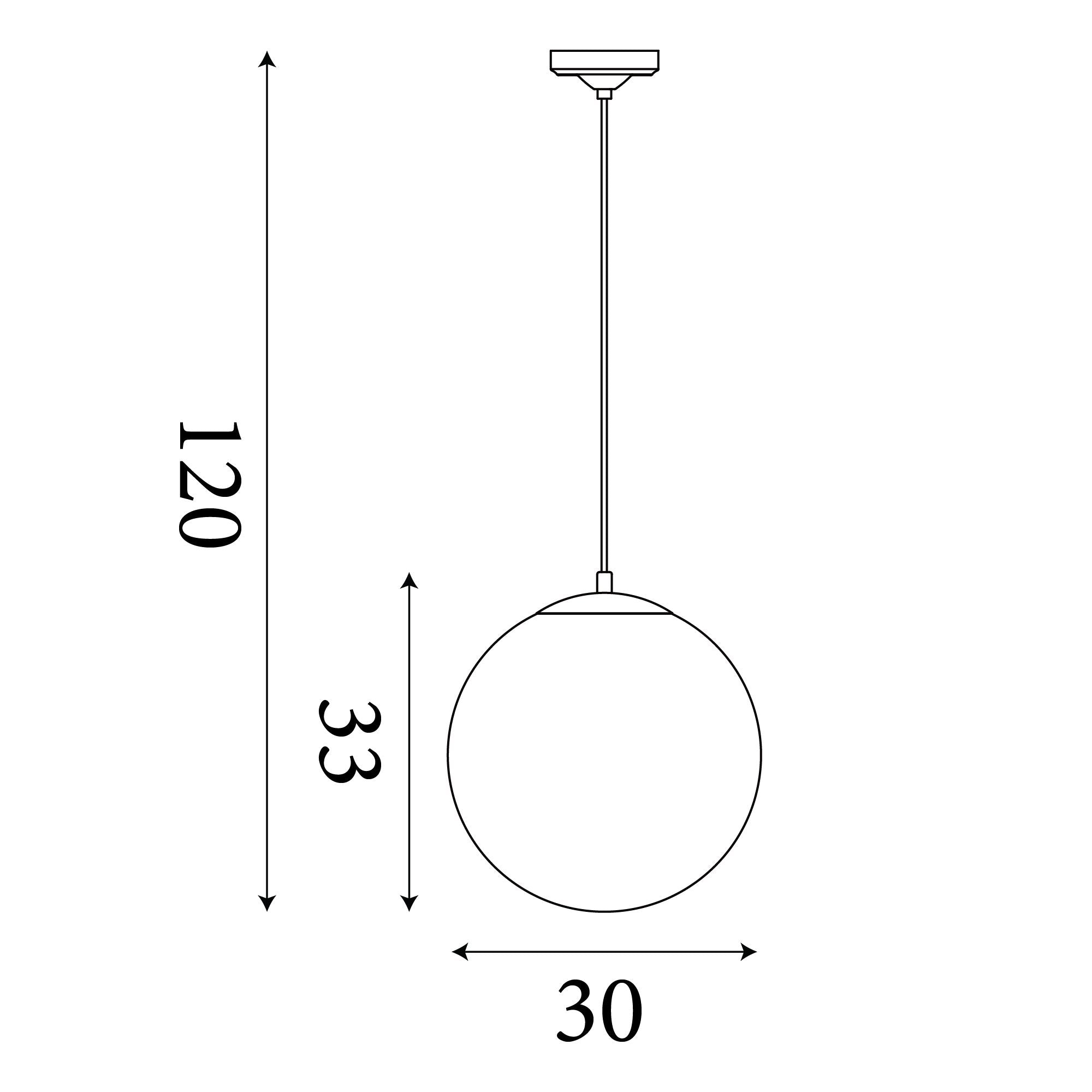 Technical line drawing of the Atom Pendant showing a 30cm globe diameter, 33cm globe height and 120cm maximum drop