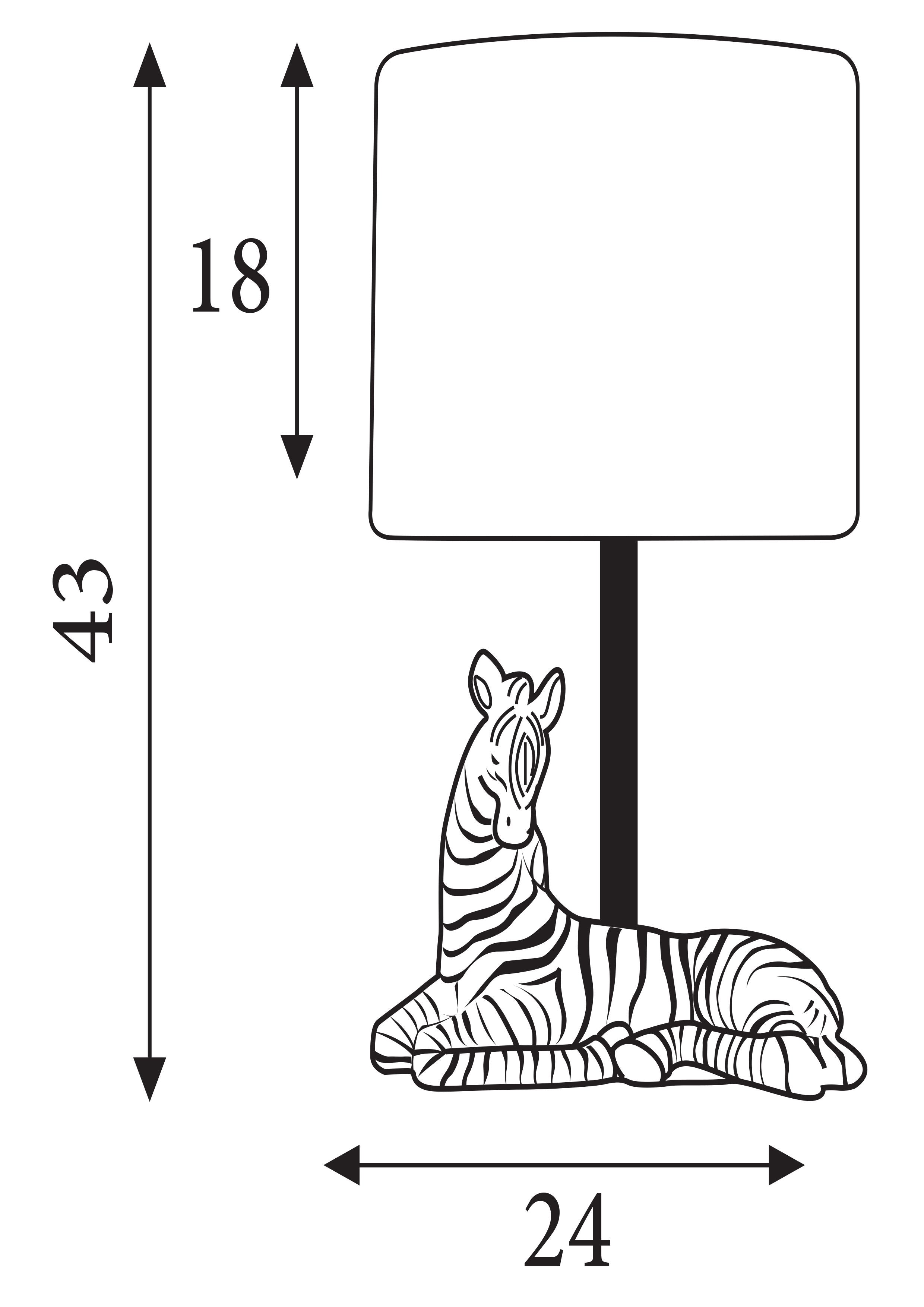 Technical drawing of the Zebra table lamp showing an overall height of 43cm, a shade height of 18cm and a width of 24cm