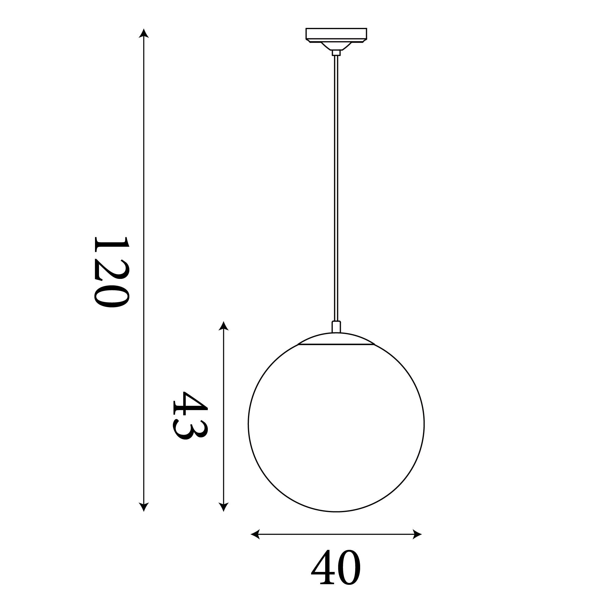 Technical line drawing of the Searchlight Atom pendant showing a 40cm diameter opal glass globe, a 43cm shade drop and a maximum total drop of 120cm