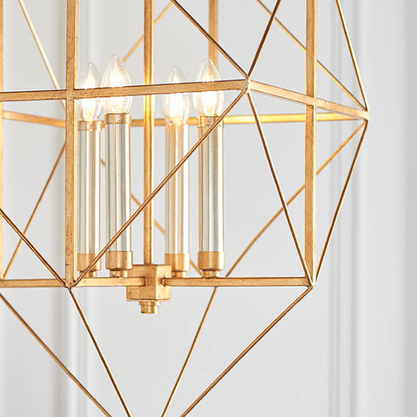 Utopia Frame 4 Light Pendant - Antique Gold With Silver Leaf - 57cm Diameter