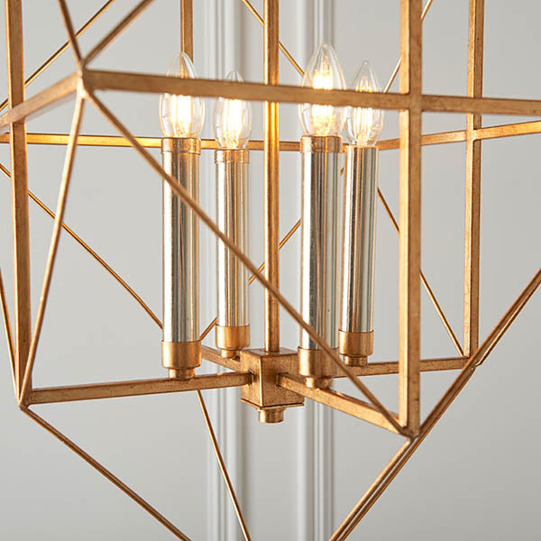 Utopia Frame 4 Light Pendant - Antique Gold With Silver Leaf - 57cm Diameter