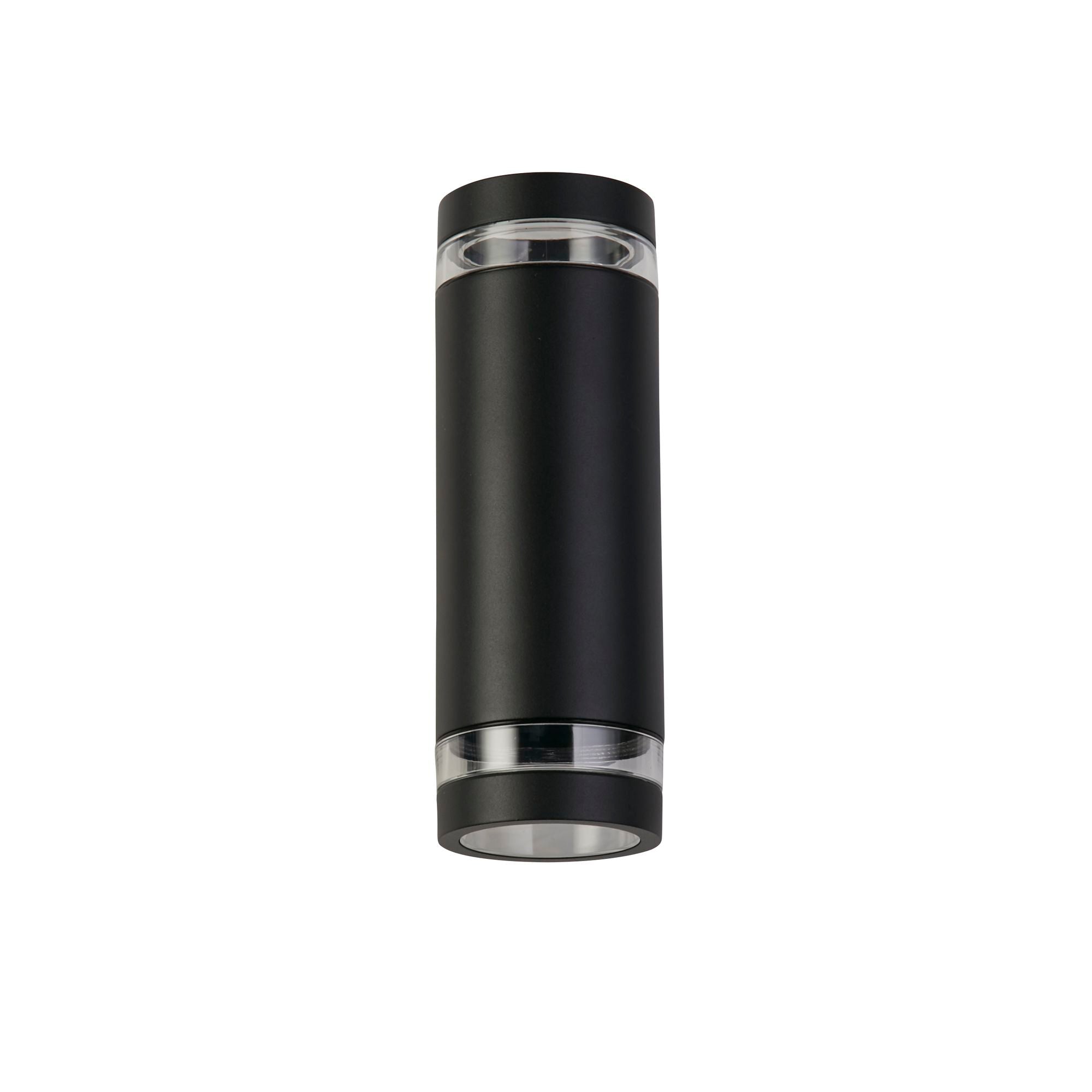 Searchlight Austin black cylindrical outdoor wall light on a white background, showing the clear lens rings at the top and bottom glowing softly - view 2