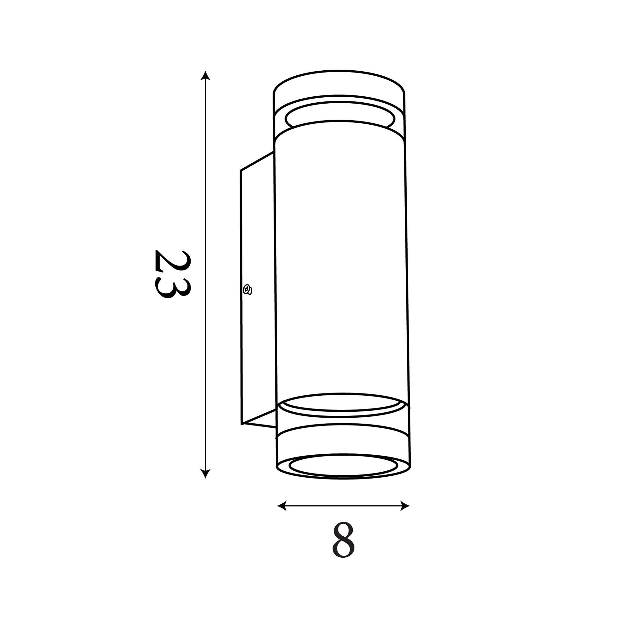 Technical line drawing of the Austin wall light showing dimensions of 23cm height and 8cm width