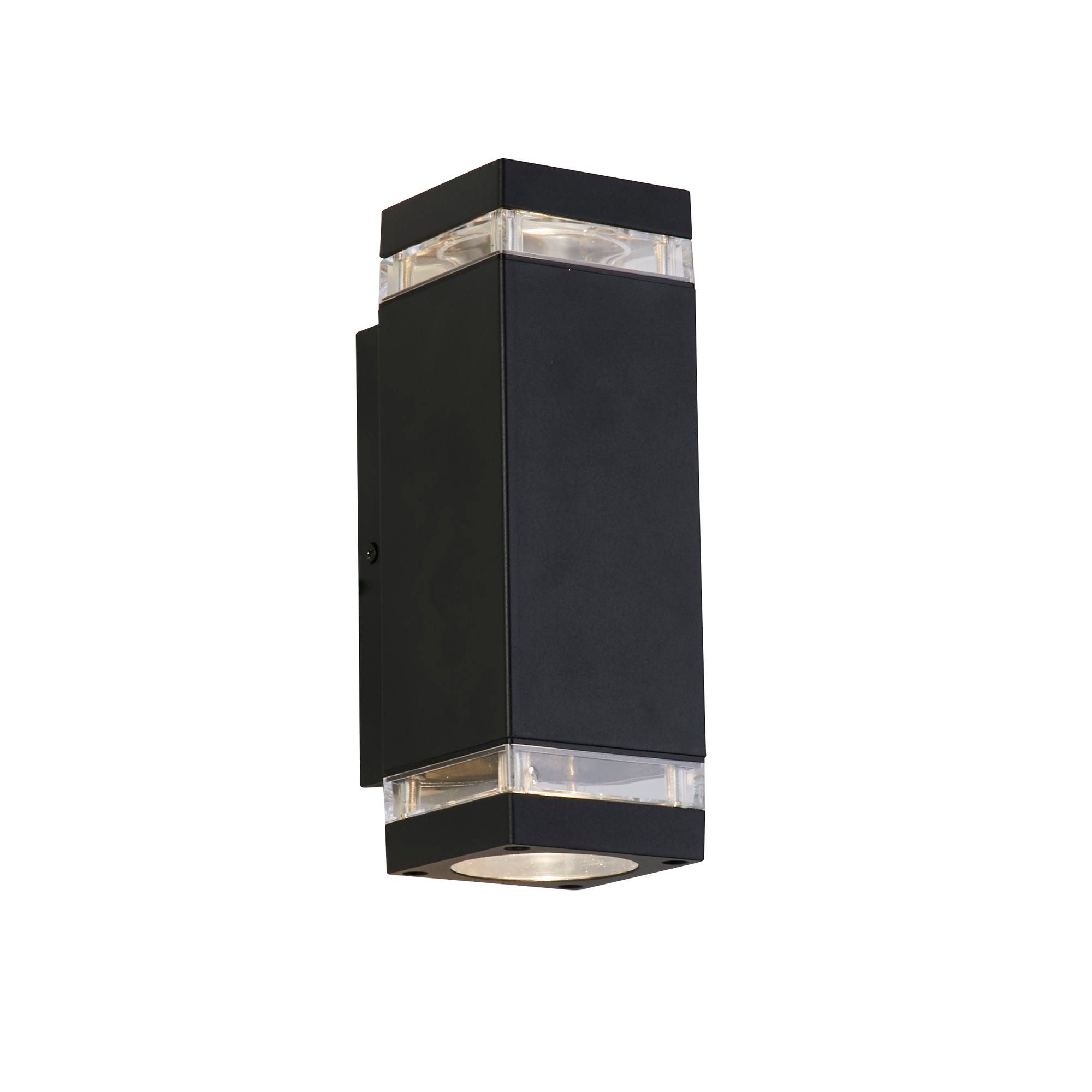 Searchlight Houston black aluminium outdoor wall light, angled studio view showing the square profile and clear lens strips top and bottom