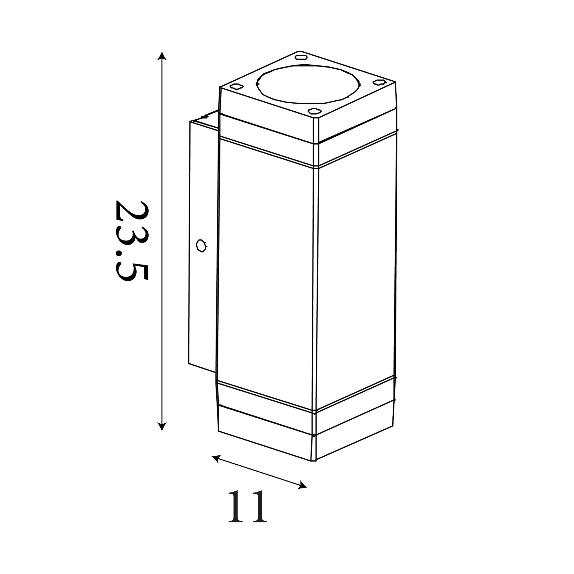 Technical line drawing of the Houston outdoor wall light with dimensions of 23.5cm height and 11cm depth
