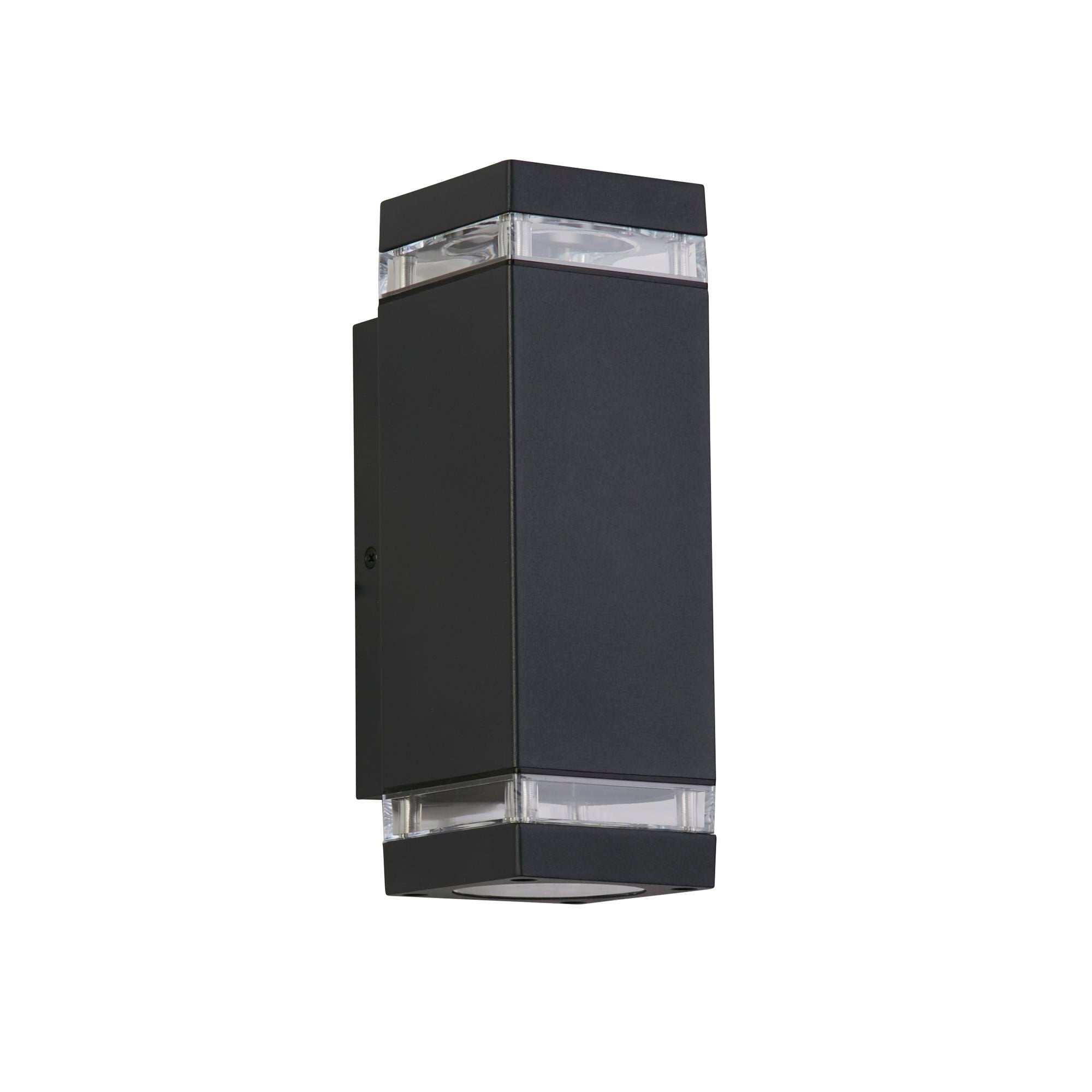 Searchlight Houston grey outdoor wall light, angled studio view showing the side wall mounting plate and screw fixing