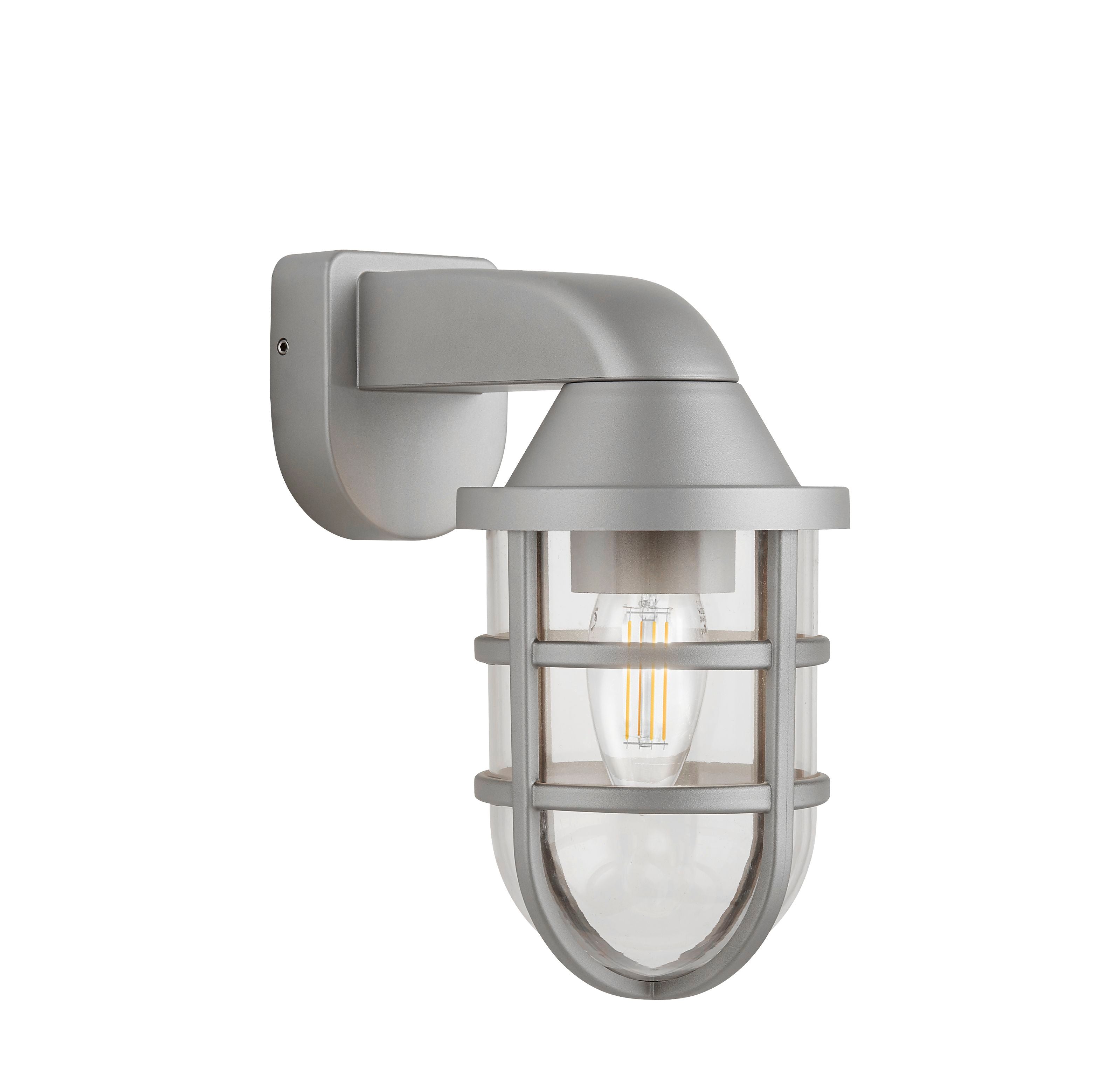 Searchlight Seaside silver ships lantern wall light, angled studio view showing the wall mounting plate and cage guard