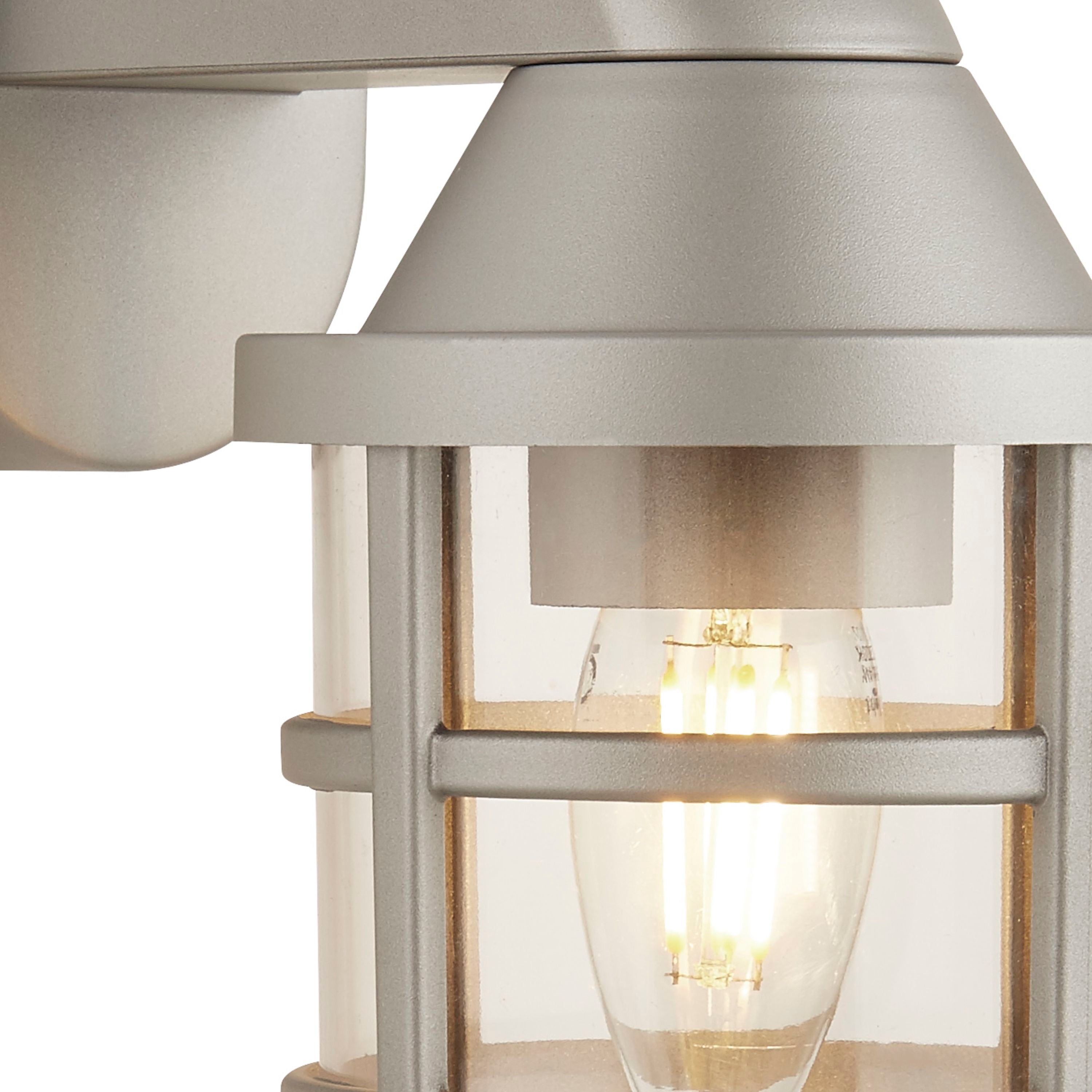 Close up of the Seaside wall light's cage guard and clear glass shade, showing the LED filament bulb and silver finish in detail