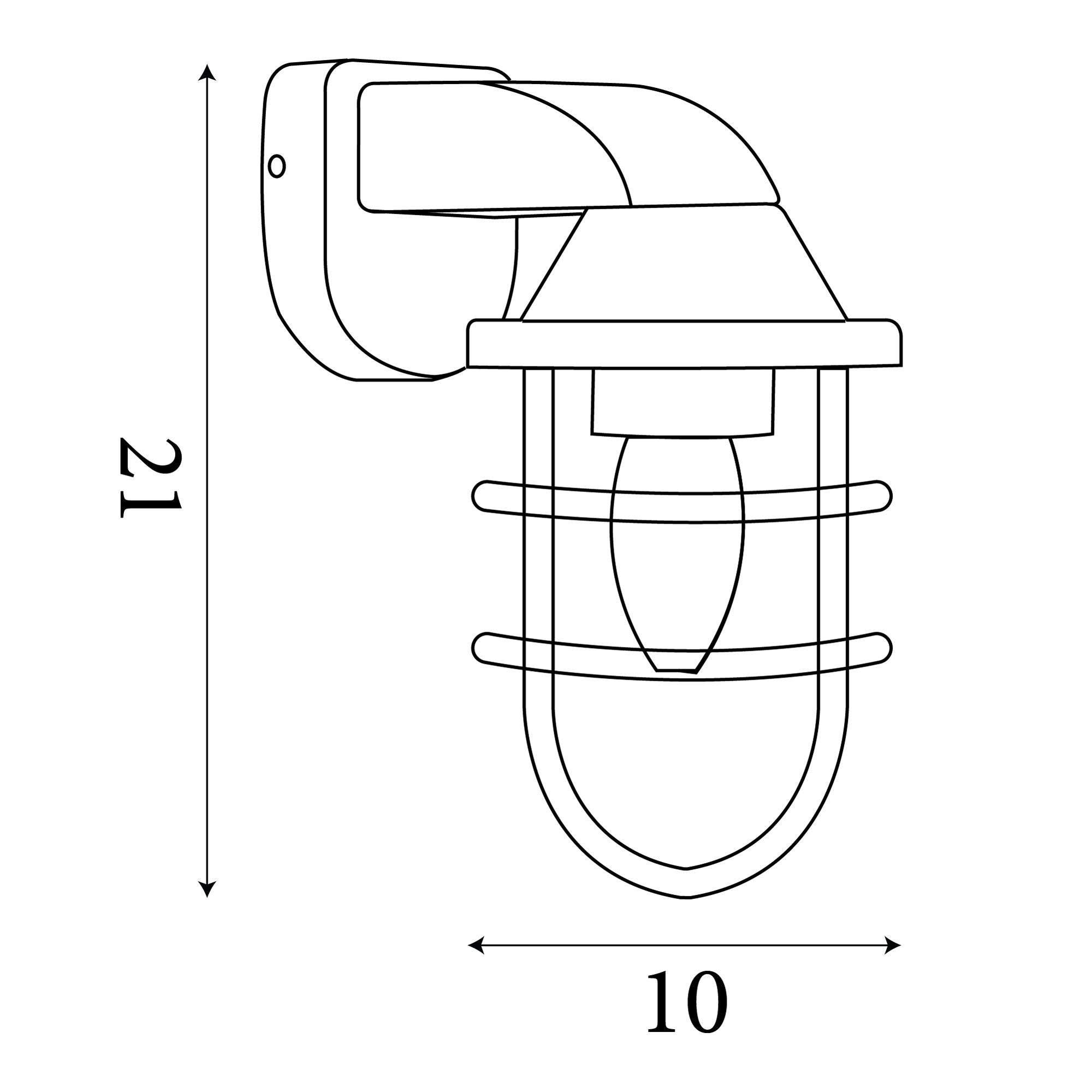 Technical line drawing of the Seaside wall light with dimensions of 21cm height and 10cm width