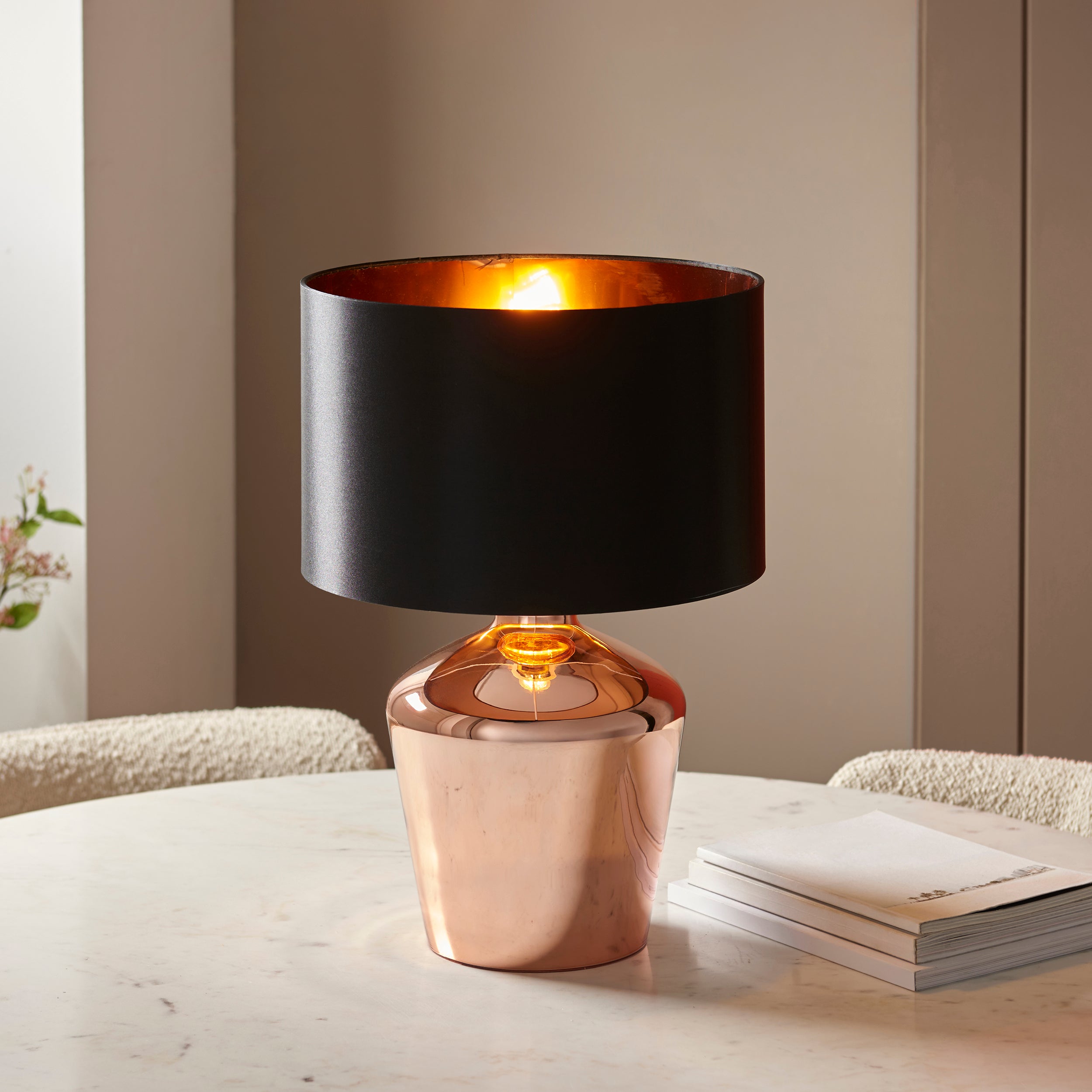Endon Waldorf Single Light Table Lamp - Copper Glass & Black Fabric