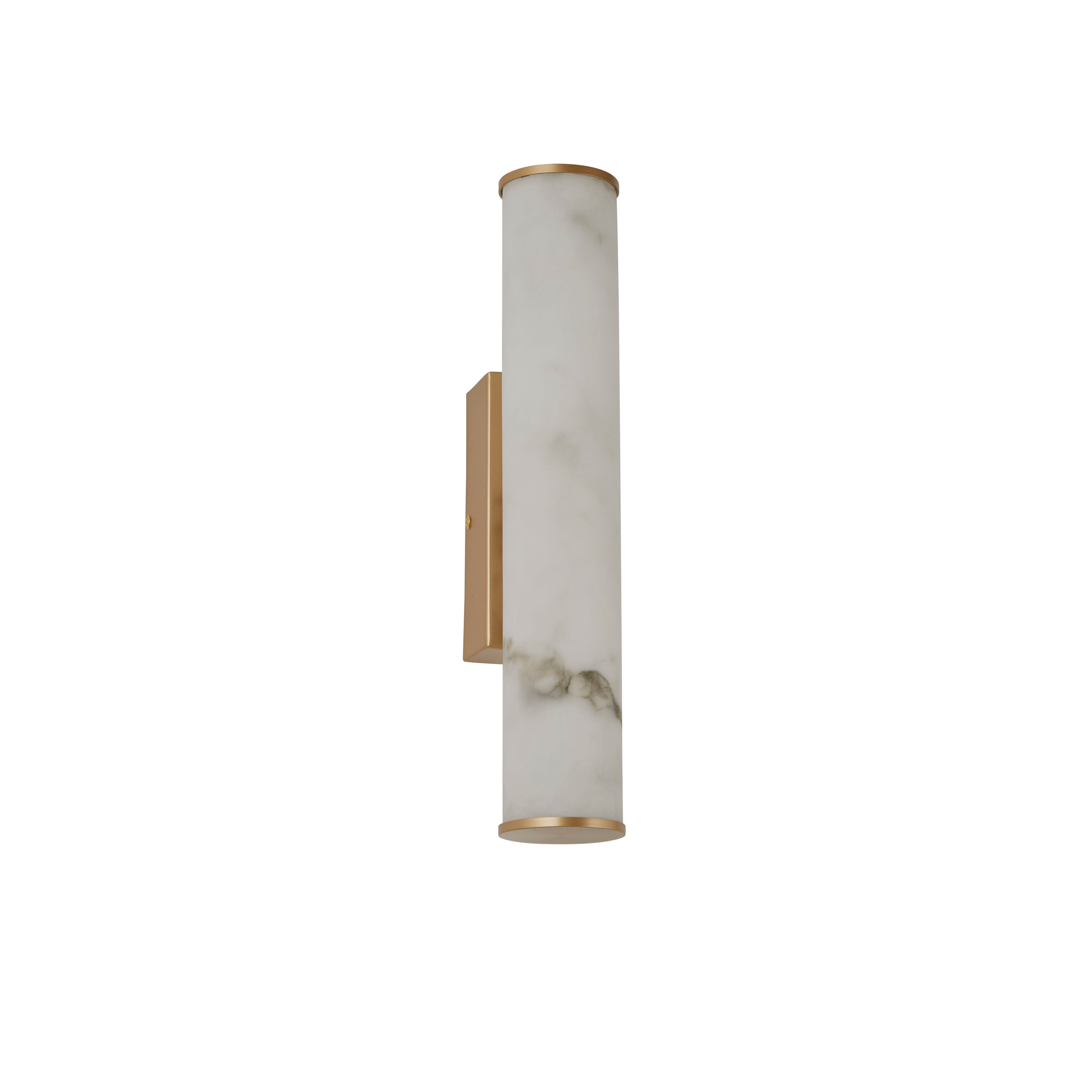 Searchlight Wales cylindrical LED wall light in matt gold with marble effect resin tube, straighter front angle