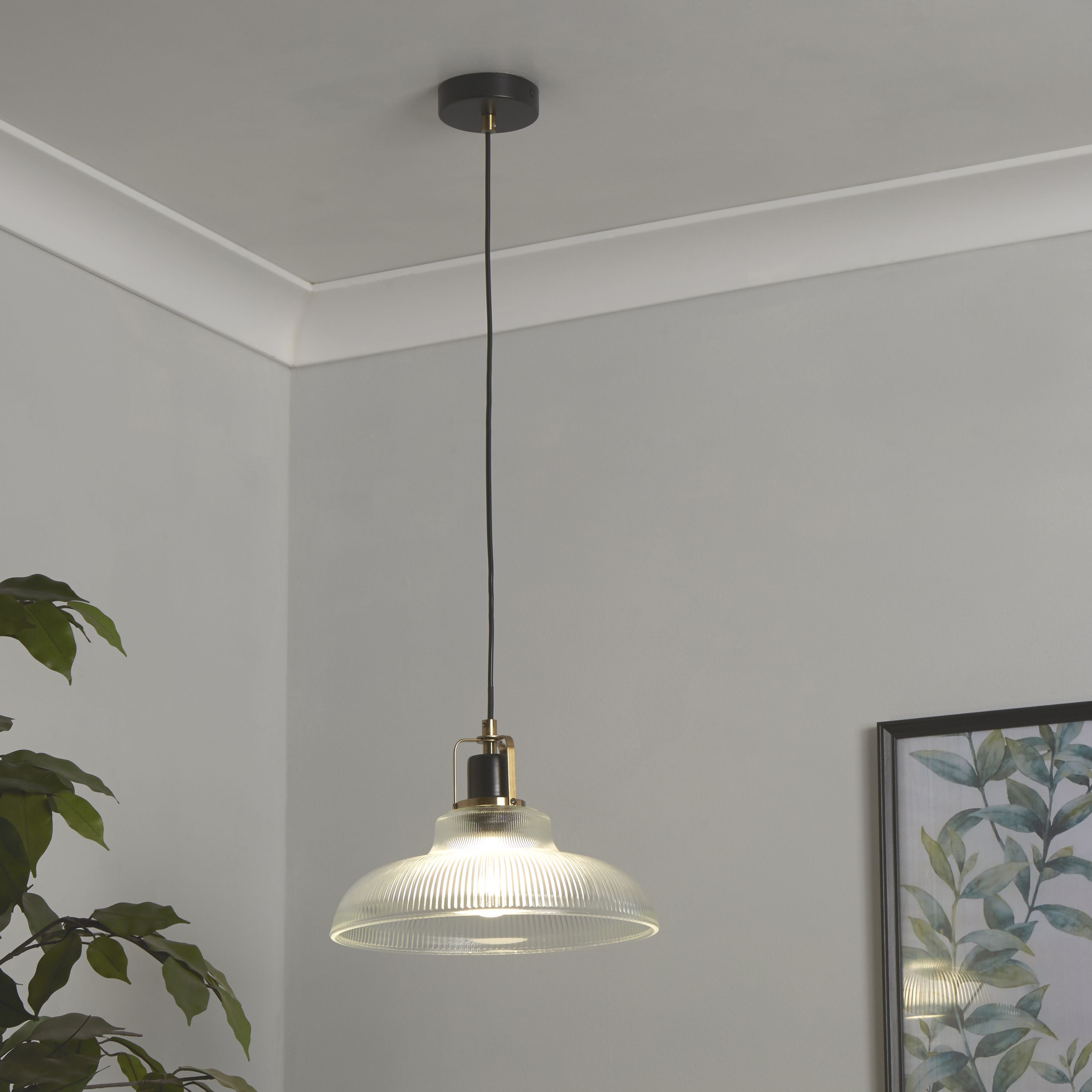 Glossop pendant with ribbed glass and brass fittings hanging in a room corner with a houseplant and framed picture